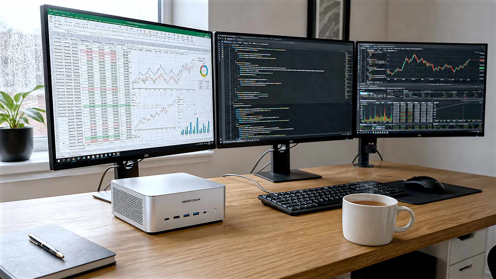 A hyper-realistic, high-resolution photograph of the white and silver Minisforum M1-1390 mini PC sitting on a clean, modern oak desk. It is hooked up to three sleek, bezel-less 4K monitors displaying complex financial spreadsheets and coding environments. A steaming mug of English Breakfast tea sits next to it. Soft, natural overcast light from a nearby window creates a professional, focused UK home-office atmosphere.