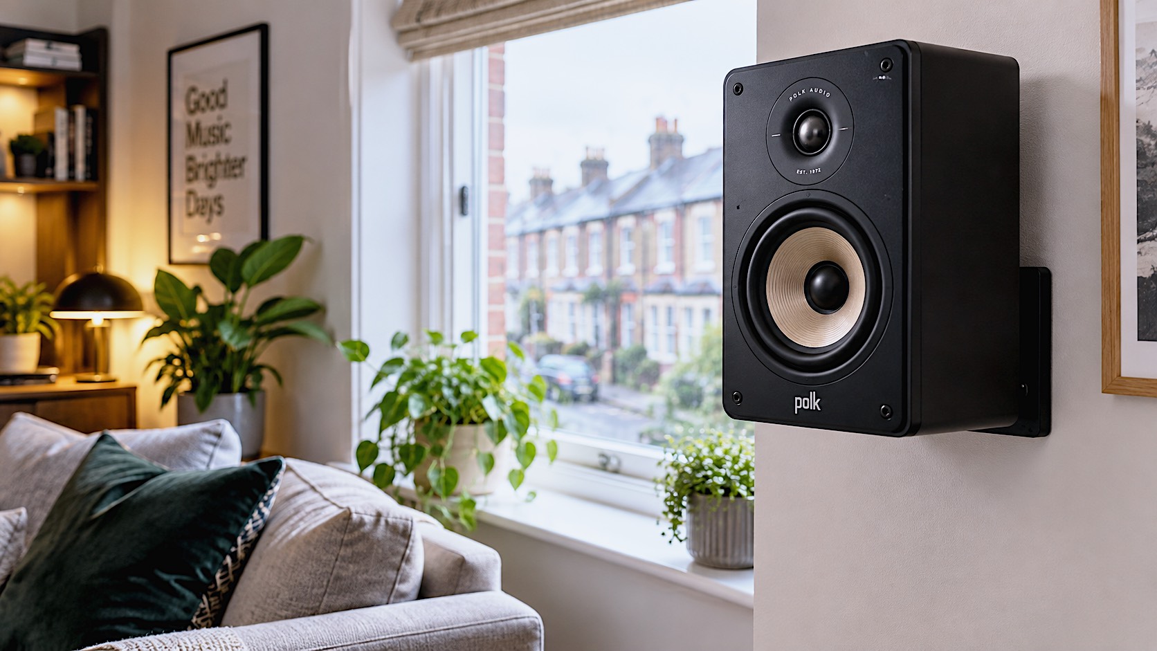 A hyper-realistic, brightly lit photograph of a modern, cosy British living room. In the foreground, a sleek black Polk ES10 speaker is wall-mounted neatly next to a window overlooking a typical UK terraced street. The speaker's magnetic grille is off, revealing the bronze-coloured driver.
