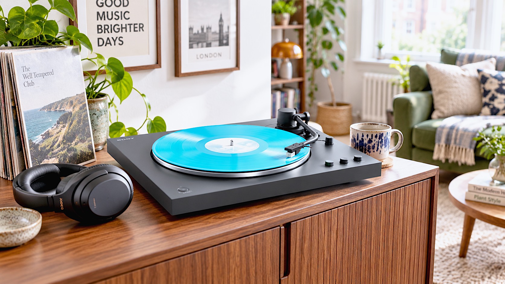 lifestyle photograph of the dark grey Sony PS-LX3BT turntable sitting on a modern wooden sideboard in a stylish UK living room. A bright blue vinyl record is currently playing. A pair of wireless headphones rests casually next to it, indicating the Bluetooth functionality. Soft, natural light from a nearby window illuminates the scene.