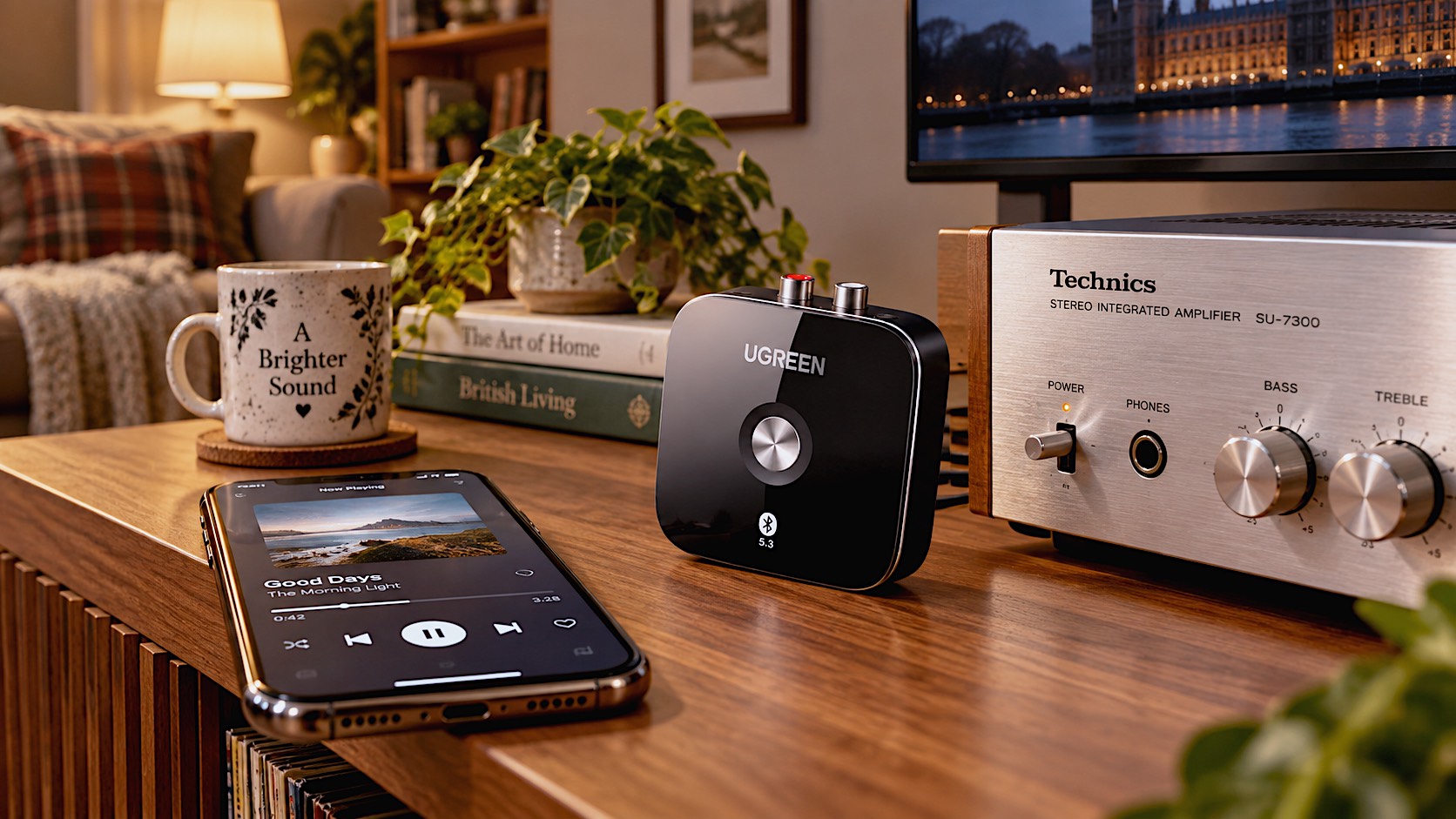 A hyper-realistic, high-quality lifestyle photograph of the black UGREEN Bluetooth 5.3 Receiver sitting on a wooden TV unit next to a classic, silver vintage audio amplifier. Soft, warm living room lighting. A smartphone rests nearby showing a music streaming app.