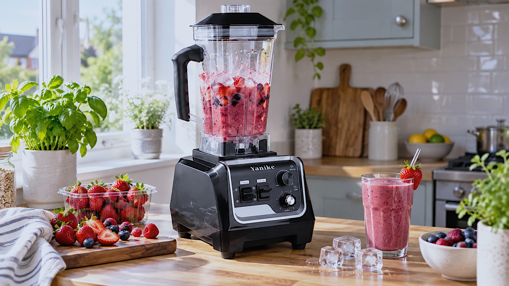 photograph of a modern, slightly compact British kitchen. The black Yanike commercial blender sits on a wooden worktop, filled with a vibrant, half-blended pink berry smoothie. A punnet of fresh strawberries and a few ice cubes are scattered neatly beside it. The lighting is bright, natural morning light coming through a window.