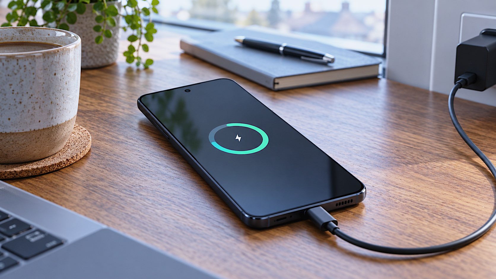 Black Samsung Galaxy A27 5G charging via a USB-C cable on a wooden desk, with an illuminated battery charging indicator on its display.
