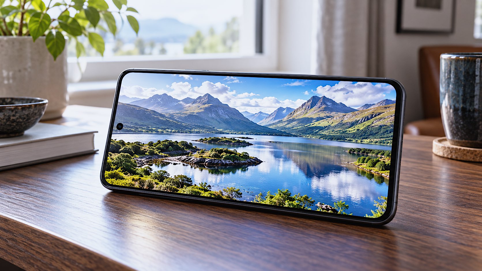 Samsung Galaxy A27 5G smartphone displaying a colourful Scottish Highland landscape on its 6.7-inch AMOLED screen, positioned horizontally on a walnut desk.