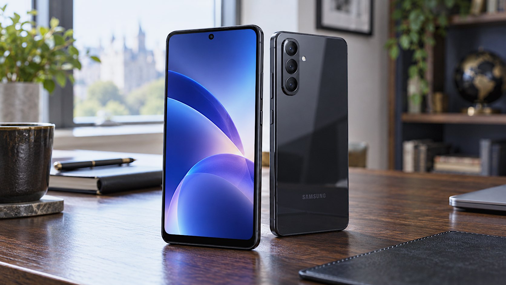 Two black Samsung Galaxy A27 5G smartphones displayed on a polished walnut desk in a contemporary home office, showing the AMOLED screen and triple rear cameras.