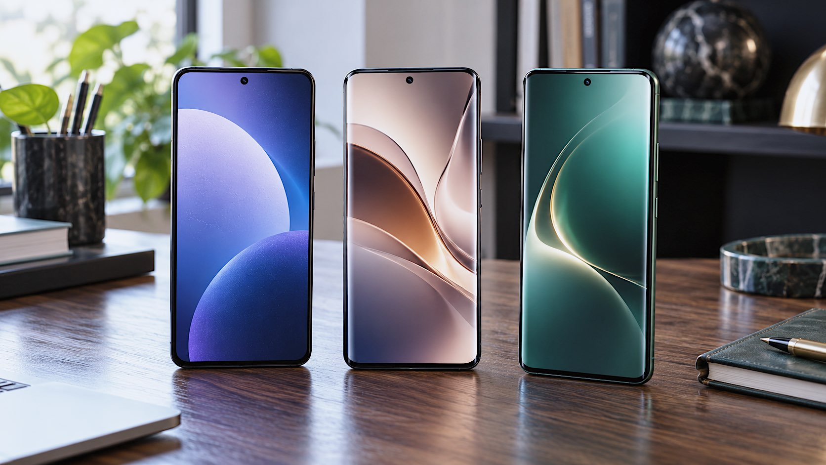 Samsung Galaxy A27 5G, Motorola Edge 70 Fusion and HONOR Magic8 Lite smartphones displayed side by side on a walnut desk for comparison.
