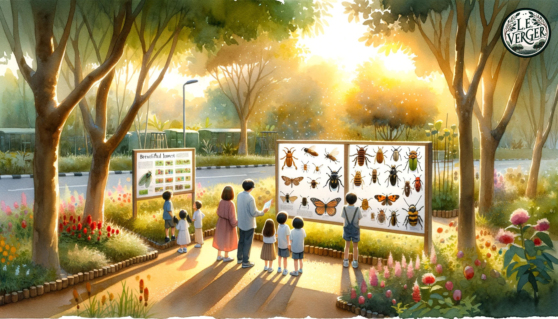 Watercolour Painting: A serene garden setting during golden hour. Children and adults marvel at the sight of various beneficial insects in the garden. In the background, there are educational boards explaining the importance of each insect in maintaining a healthy ecosystem.