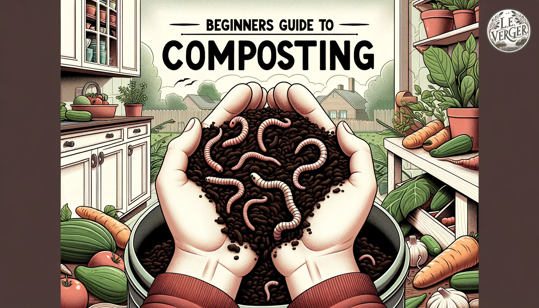 Illustration, wide aspect: A close-up view of hands holding rich, dark compost with worms wriggling through. Behind this, a kitchen counter holds a small composting container, and a garden can be seen in the distance. The title 'Beginners Guide to Composting' is placed at the top in an elegant font.
