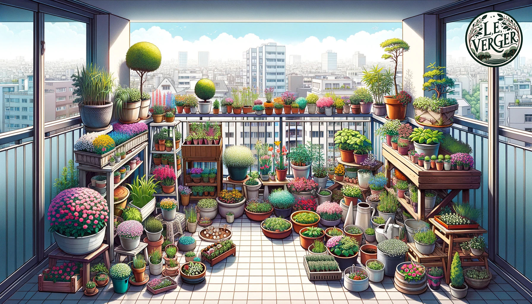 Illustration of a wide balcony scene displaying the beauty of container gardening. A variety of containers, pots, and planters are strategically placed. Some containers are brimming with vibrant flowers, while others house aromatic herbs. A few larger pots contain budding vegetables, and a couple of planters showcase young, small trees. The scene embodies the essence of nature in a restricted space.