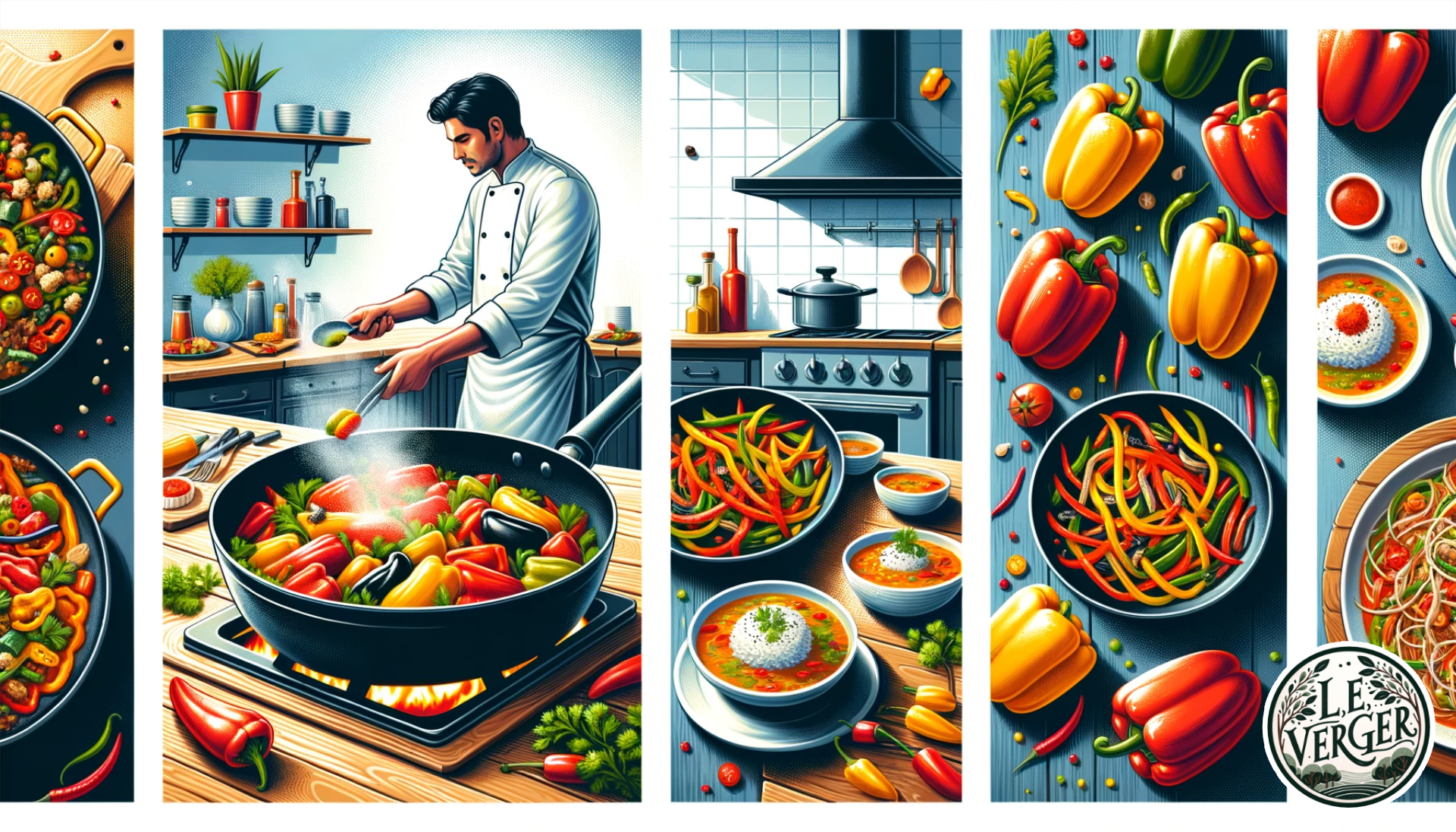 Wide illustration of a bright kitchen setting. On the left, a chef is preparing stuffed bell peppers, filling them with a mixture of rice and vegetables. The centre showcases a sizzling stir-fry pan with vibrant vegetables and thin slices of peppers, releasing steam. On the right, a table set with various pepper-based dishes, from spicy soups to grilled peppers, highlighting the culinary diversity of using peppers.