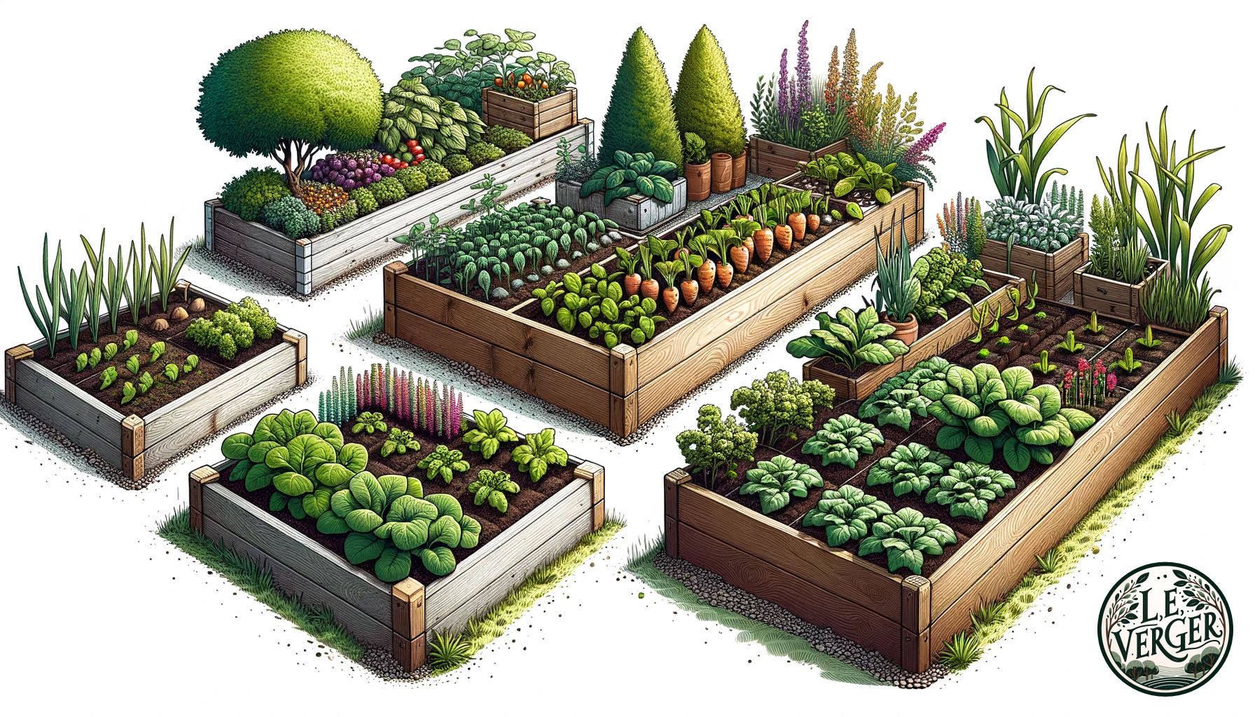 Illustration in wide aspect capturing the essence of raised bed gardening. The scene displays four raised beds, each constructed from a unique material: oak wood, metal, stone, and plastic. Every bed is a mini ecosystem, filled to the brim with soil and a diverse range of plants, from leafy shrubs to colourful vegetables, all thriving under the gentle sun.
