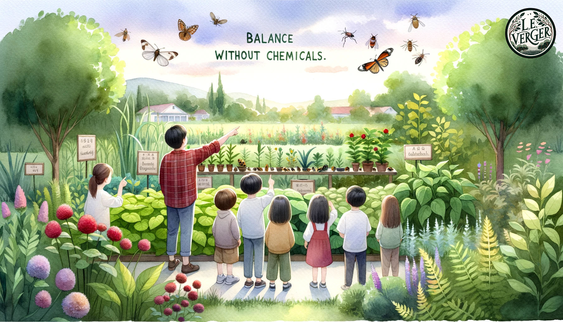 Watercolour Painting: A serene garden with children and adults observing and pointing at various beneficial insects. Plants look healthy and vibrant. The sky above has a soft glow with the words 'Balance Without Chemicals' written in the clouds.