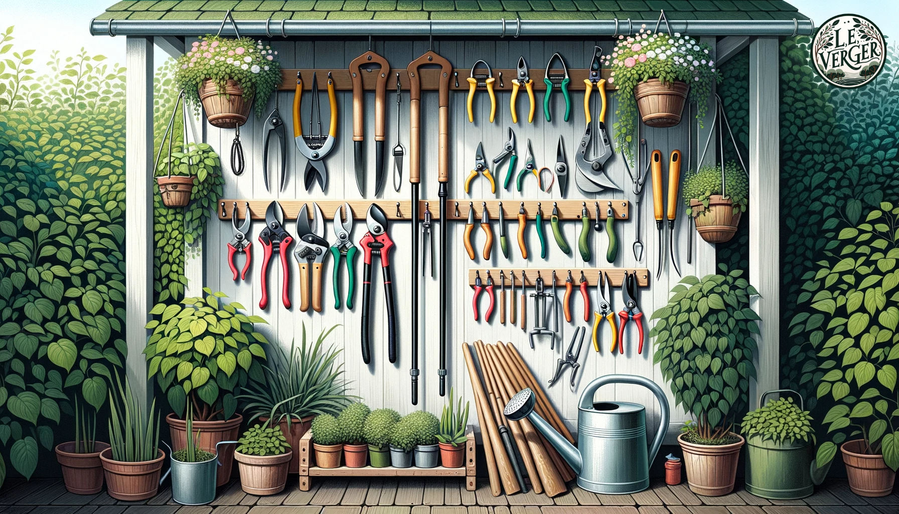 Illustration, wide aspect: An organized tool rack hanging on a shed wall with each of the pruning tools: shears, pole pruners, loppers, pruning saws, hand pruners, and secateurs. Surrounding the rack are hanging plants and a watering can, setting the scene in a gardening environment.