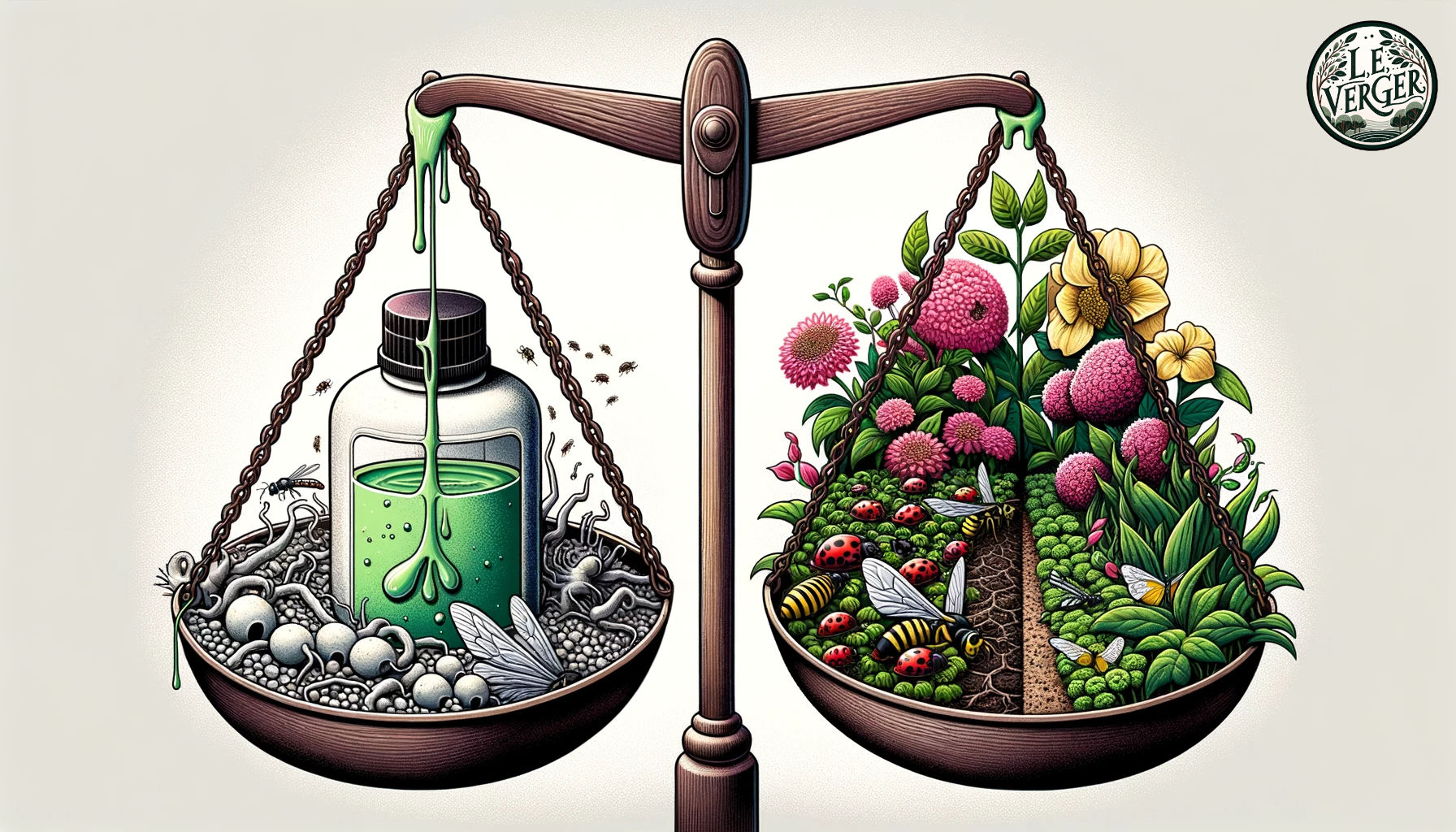 Illustration: A pair of scales. On one side, a pesticide bottle leaks its content, causing the surrounding environment to turn grey and lifeless, with fallen insects and drooping plants. On the other side, a healthy garden blooms, with various beneficial insects and vibrant plants, symbolising organic methods.