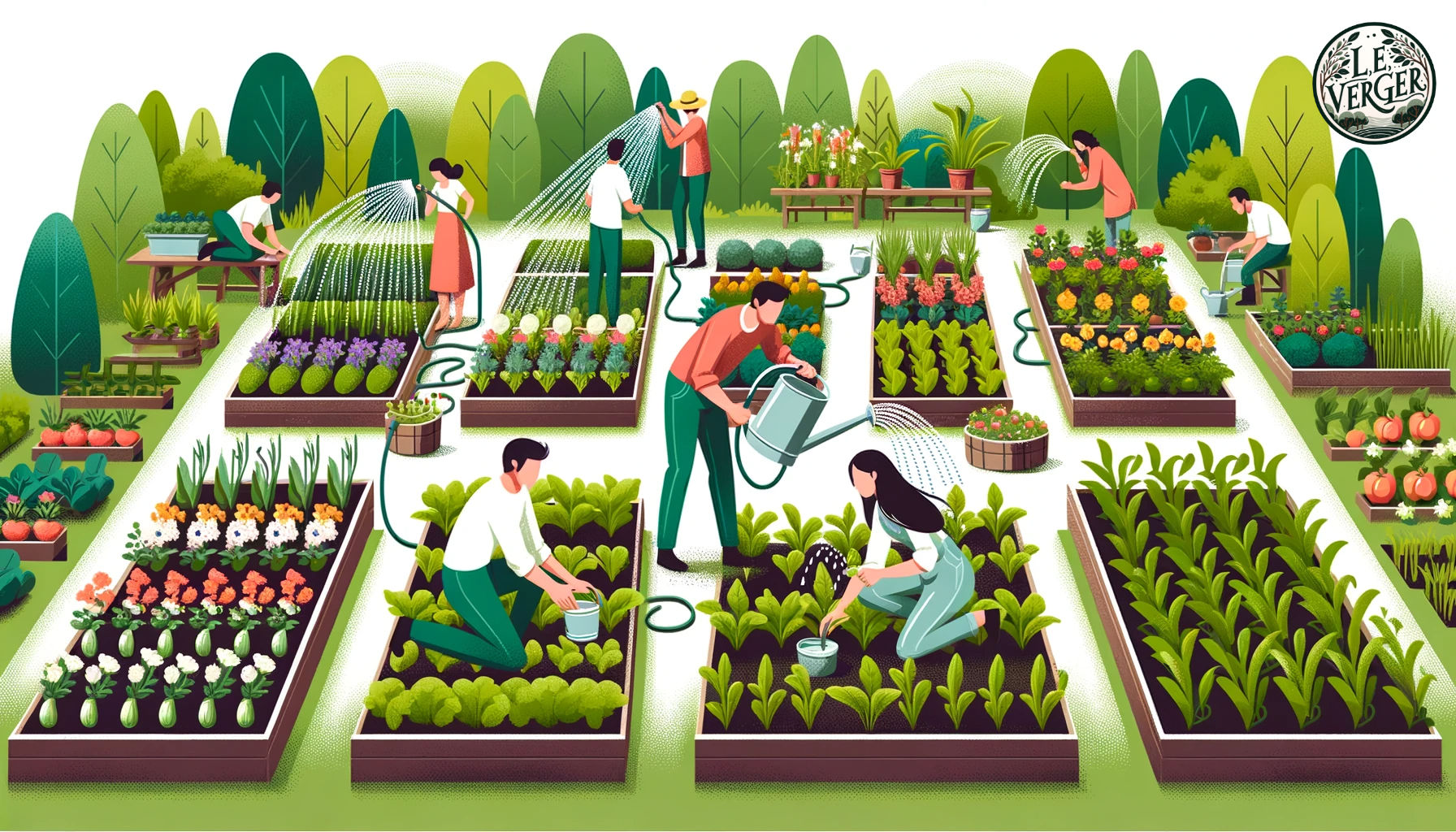 Improving Water and Soil Retention: Illustration, wide aspect: A lush garden landscape with raised beds full of vegetables and flowers. Diverse individuals are engaged in gardening activities. One is adjusting a sprinkler, another is examining a plant's leaves, while a third pours water into a plant saucer.