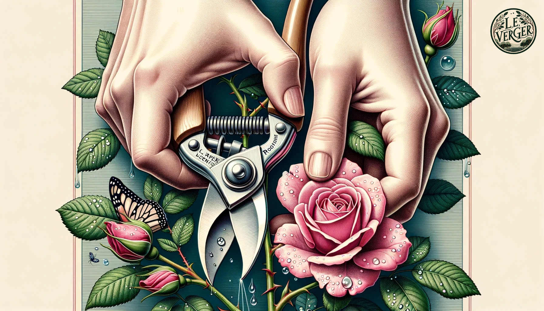 Illustration, wide aspect: A close-up of a pair of hands, belonging to a Caucasian female, holding a pair of shiny pruning shears, ready to make a cut on a rose stem. Dewdrops glisten on the plant, and a butterfly flits nearby. Above this scene, the title 'L.E. Verger's Pruning Essentials Guide' is inscribed in a classic font.