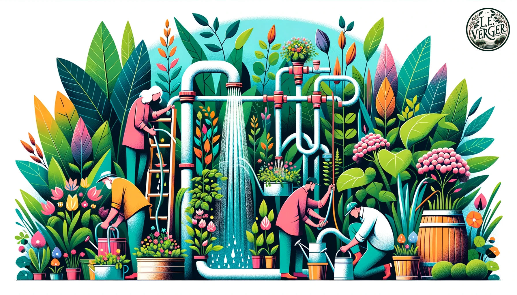 Irrigation Practices for Different Plants: Illustration, wide aspect: A vibrant garden scene with a variety of flourishing plants. In the foreground, a diverse group of gardeners are busy at work. One individual sets up a drip irrigation system, another fills a watering can from a nearby tap, while a third person installs a rainwater barrel next to a downspout.
