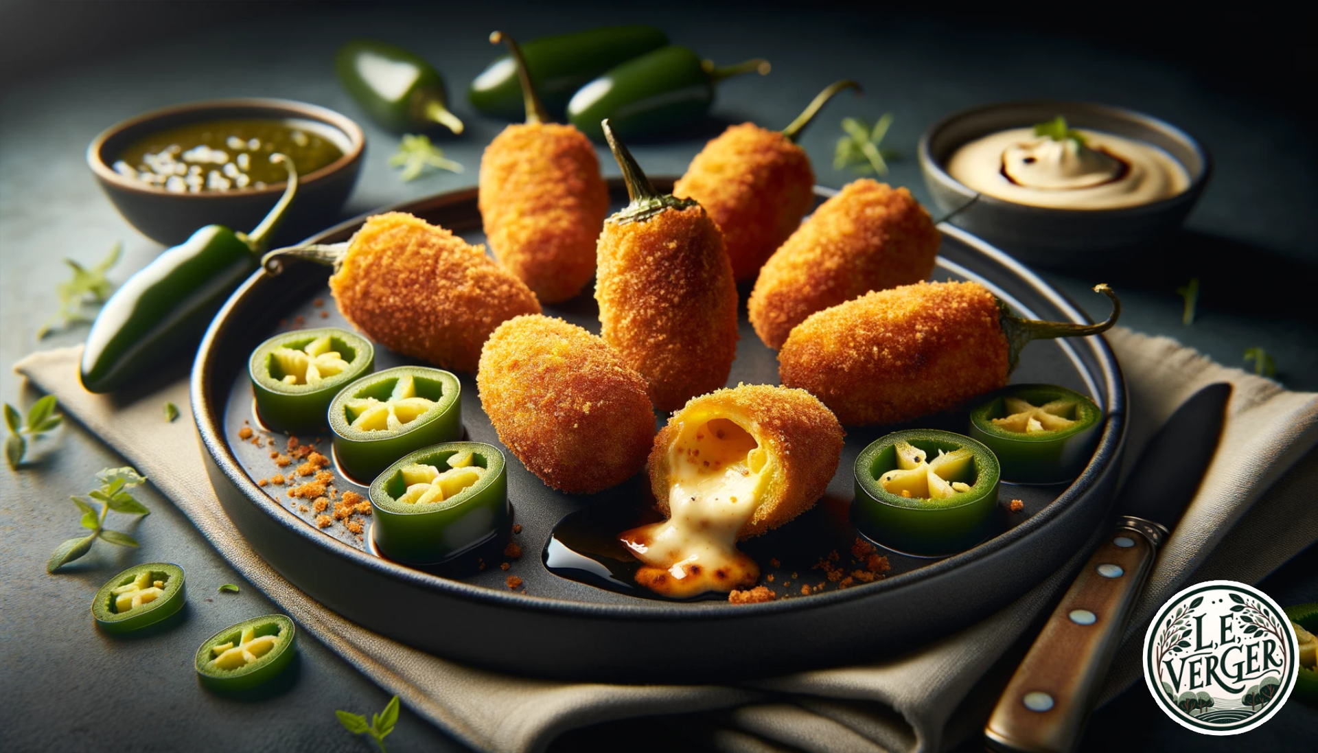 Photo of Jalapeño Poppers styled luxuriously, in line with British culinary marketing. Laid out on a sleek black plate, the poppers have a rich golden-brown crispy breadcrumb exterior. The cut-open popper at the front reveals the creamy cheese filling inside the spicy jalapeño. Soft ambient lighting highlights the textures, and a small bowl of cooling dip is placed next to the poppers, with a sprinkle of fresh herbs around the plate.