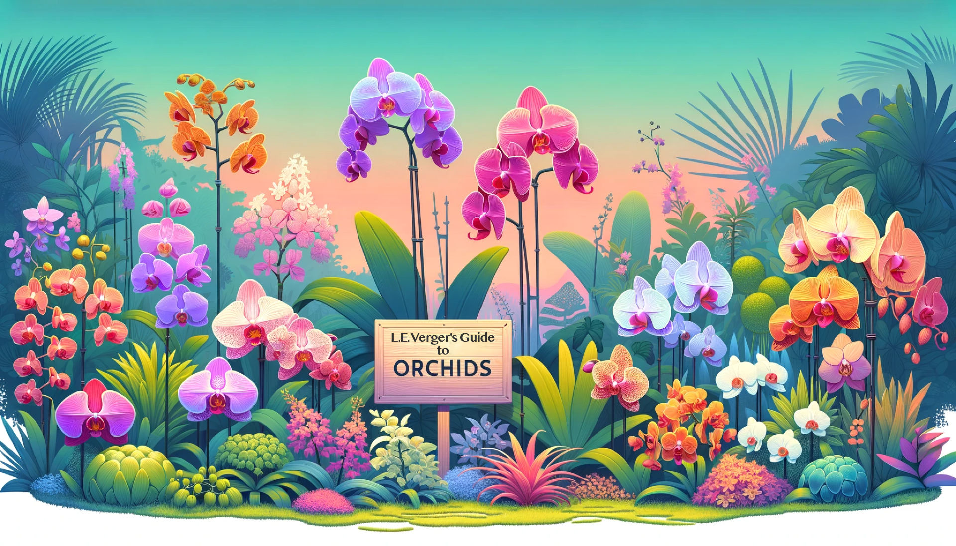 Illustration of a vibrant garden scene showcasing various orchids in different colours, shapes, and sizes. The background features a gentle gradient of soft pastel colours, symbolising dawn or dusk. A wooden sign in the foreground reads 'L.E. Verger's Guide to Orchids'.