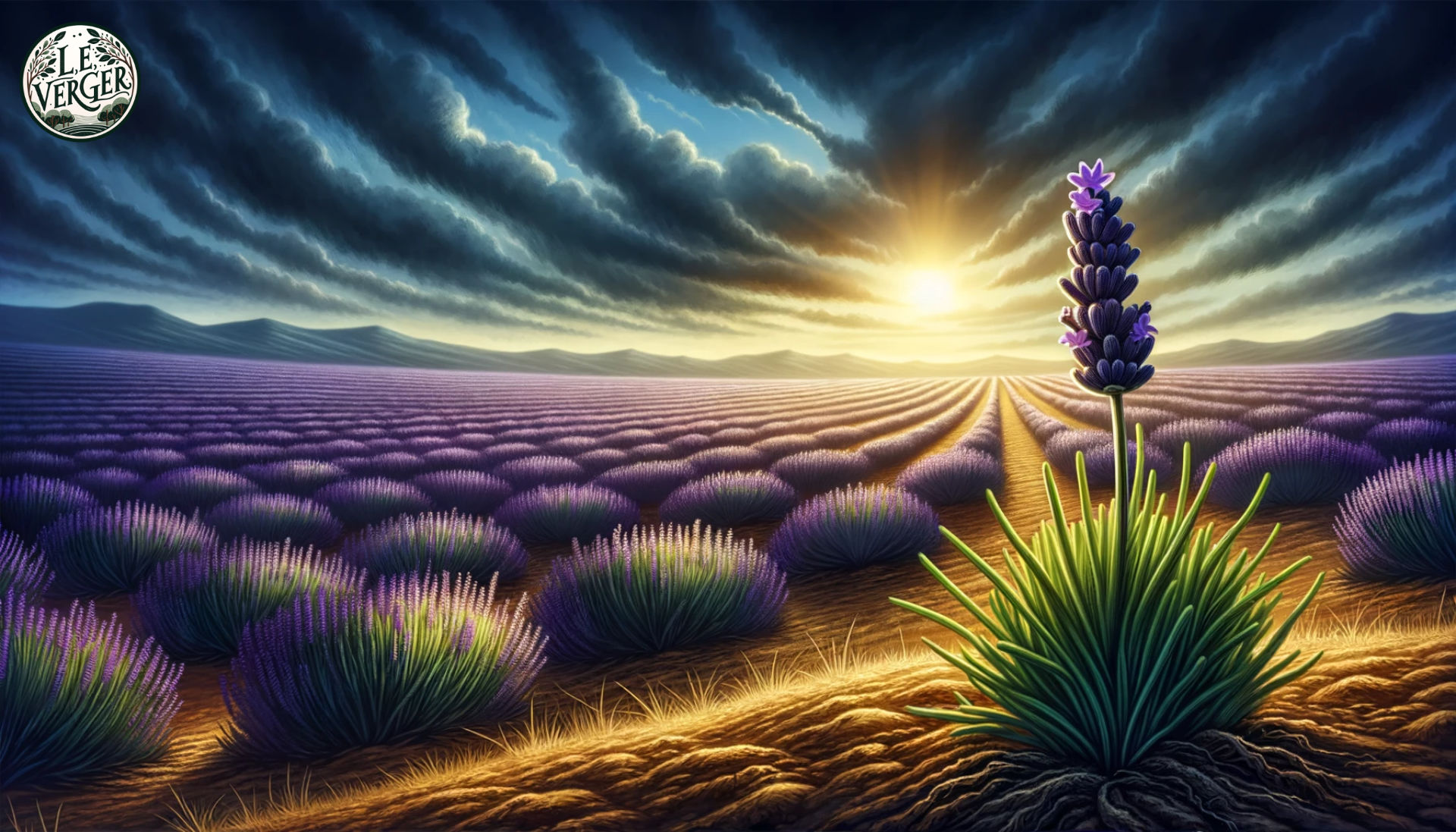 Illustration of a vast lavender field under a dramatic sky. In the foreground, a single lavender plant stands taller than the rest, showcasing its strength and endurance amidst adversity.