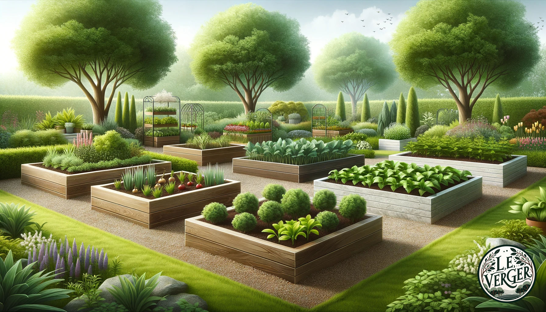Wide illustration of a serene garden setting, featuring four raised beds made of different materials. One is a sturdy oak wood bed, the next is a sleek metal frame, followed by a bed made of natural stone, and finally a plastic bed. Each bed is teeming with life, filled with soil and a combination of lush plants, healthy shrubs, and ripe vegetables.