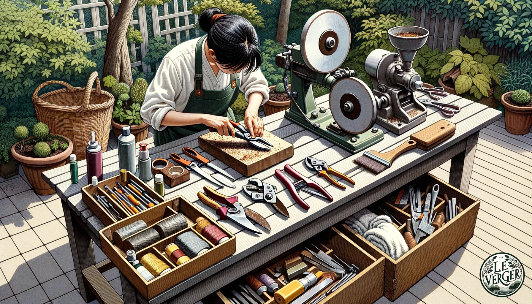 Illustration, wide aspect: An outdoor setting with a wooden bench. On it, various pruning tools are laid out. A gardener of Asian descent is meticulously cleaning rust off a pair of secateurs with a wire brush. Beside her, a sharpening station is set up with grinding wheels and files, where a gardener of Middle Eastern descent is honing the edge of a pruning saw. In the foreground, a toolbox is open, revealing maintenance supplies like oils, rags, and replacement blades.