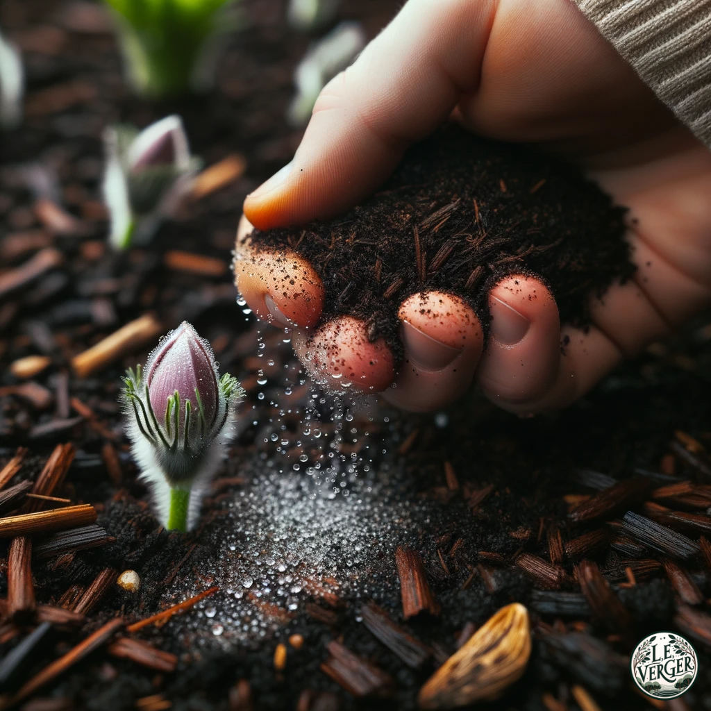 Photo of a hand sprinkling mulch around a budding flower, with dew droplets glistening on the surrounding soil.