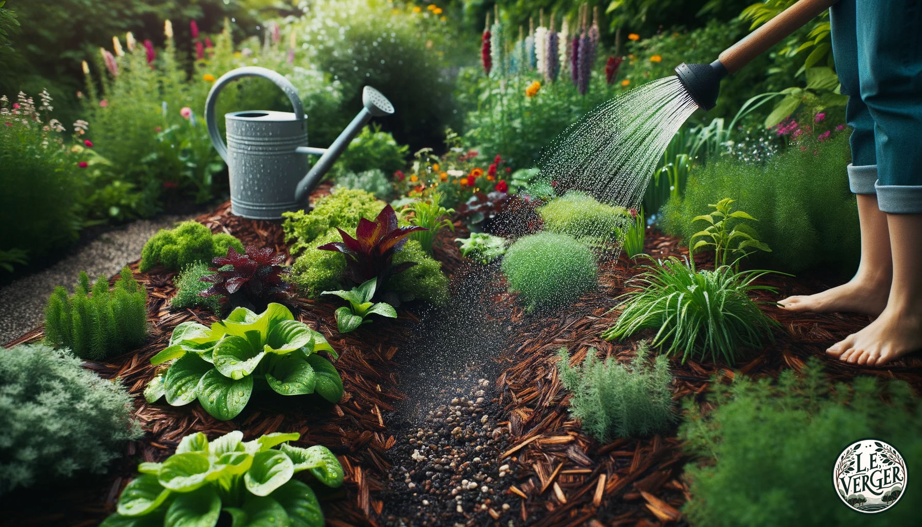 Photo of a beautiful garden bed, covered in organic mulch with a watering can nearby. Moisture droplets are visible on the soil, and vibrant plants thrive. Weeds are noticeably absent, showcasing the effectiveness of mulching.