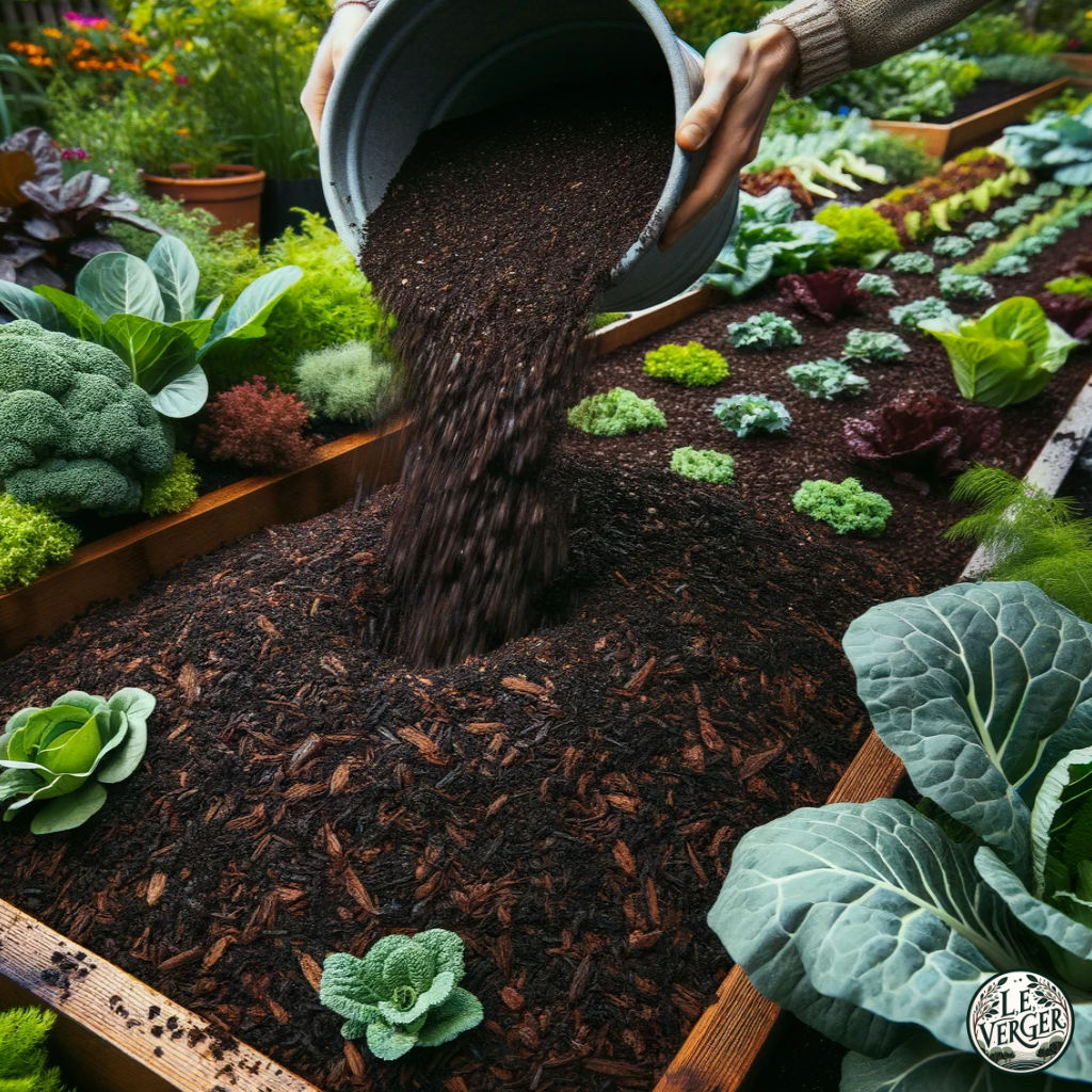 Photo of rich, dark organic mulch being poured onto a UK garden bed, with plants on either side benefiting from the moisture retention.