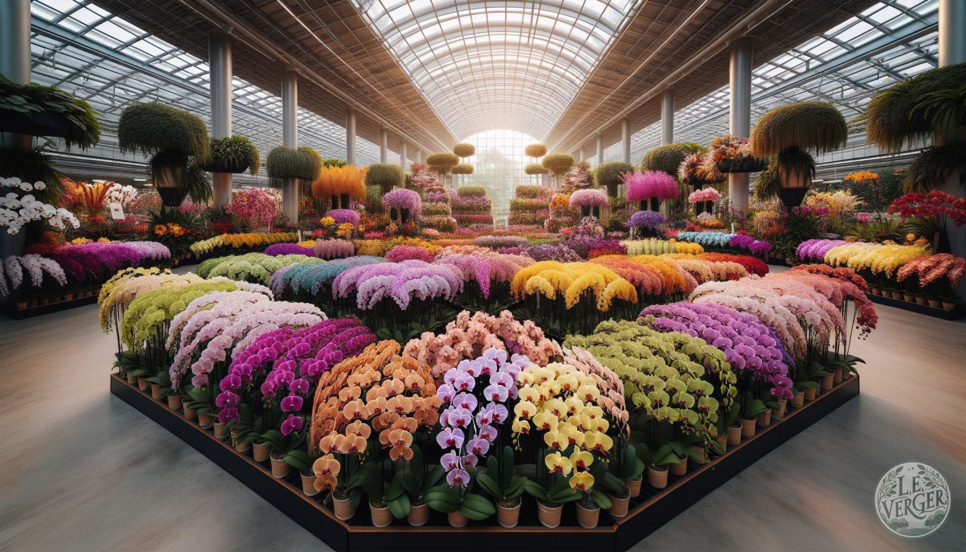 Photo of a garden centre with a large floral display of orchids, meticulously arranged in a gradient of colours, transitioning from light to dark. The setting is indoors with natural light filtering through a transparent roof, illuminating the vibrant colours of the orchids.
