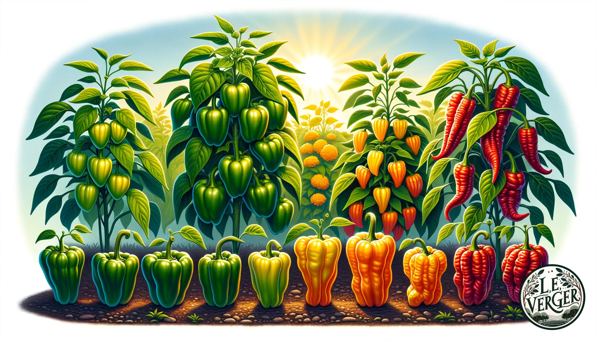 Wide illustration of a vibrant garden patch with a range of pepper plants in various stages of growth. On the left, a large mild bell pepper plant with bright green leaves and shiny, plump green peppers hanging beneath. In the centre, various medium-sized pepper plants showing a spectrum of colours from yellow to orange to red. On the right, a Carolina Reaper plant with deep red, wrinkled peppers, and a small flame indicating its fiery nature.