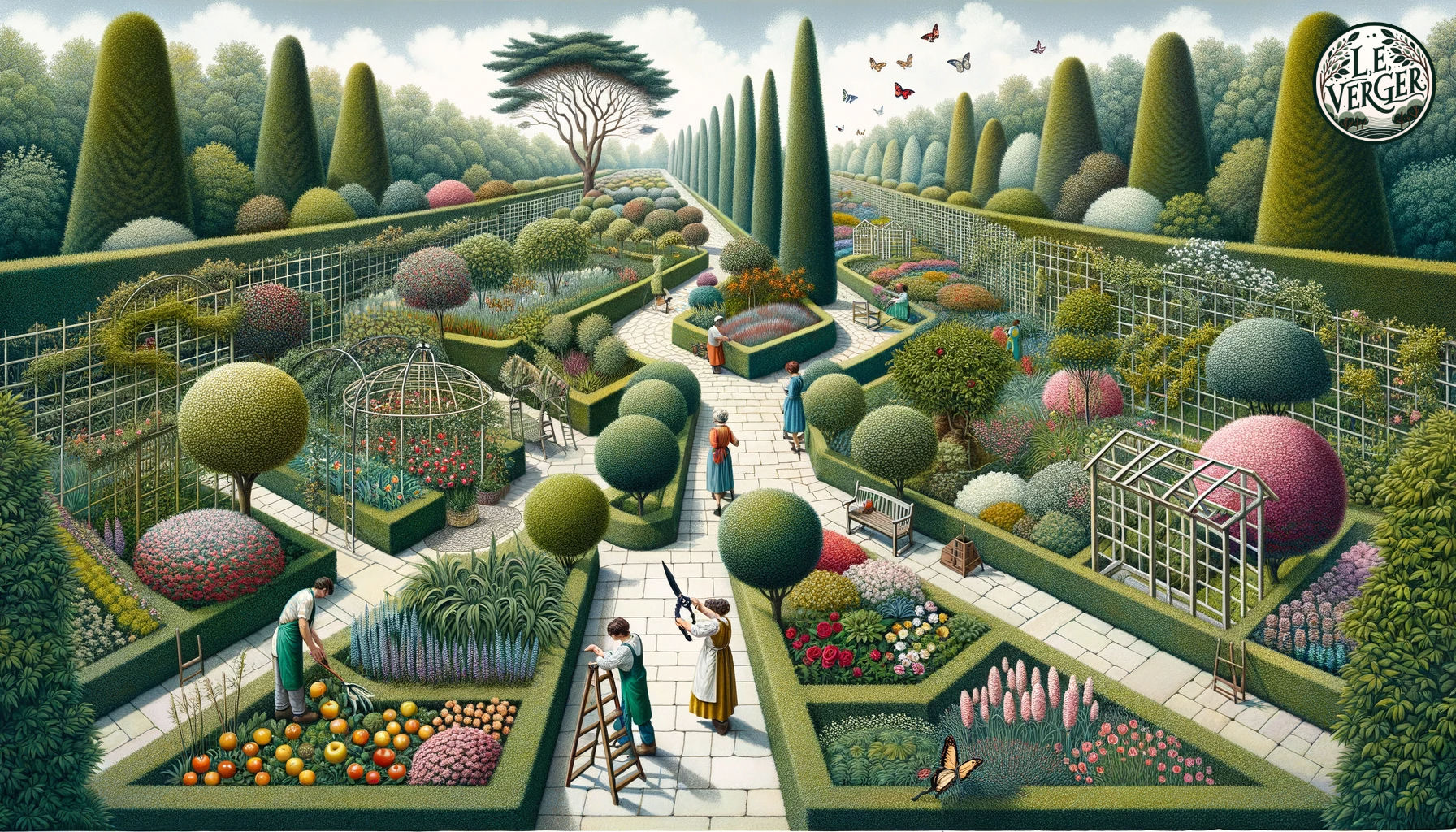 Illustration, wide aspect: A panoramic view of a botanical garden, with clear pathways guiding through various sections. The first section showcases shrubs and hedges being shaped by a man with shears. The next section has trees, including apple and cherry fruit trees, with a woman on a ladder pruning higher branches. Further along, a colourful flowerbed attracts butterflies, with a gardener attending to the flowers and perennials. The final section displays climbers wrapping around trellises and conifers standing tall, with two gardeners collaborating on their care.