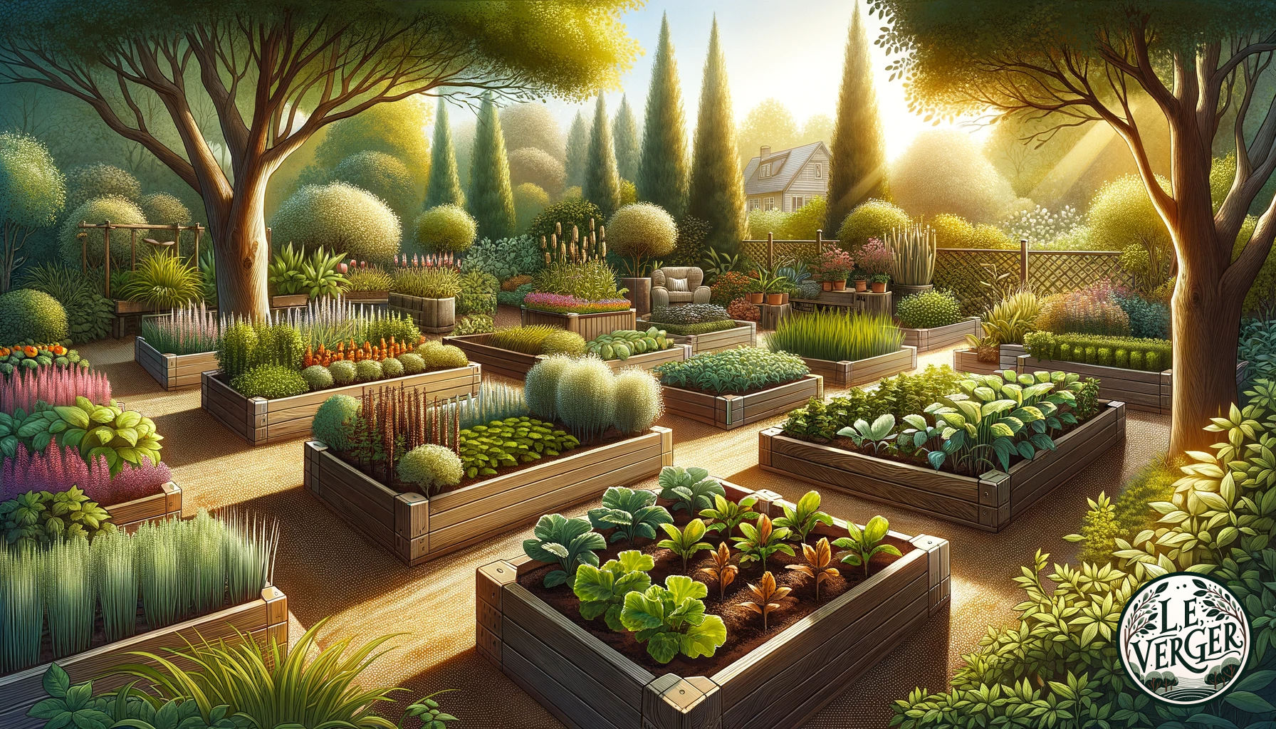 Illustration in wide aspect showing a beautiful garden scene with a group of raised beds. The raised beds are made from different materials including oak wood, metal, stone, and plastic. Each bed is filled with rich soil and has a mix of plants, shrubs, and vegetables growing. The sun casts a warm glow over the garden, and there's a feeling of abundance and growth.