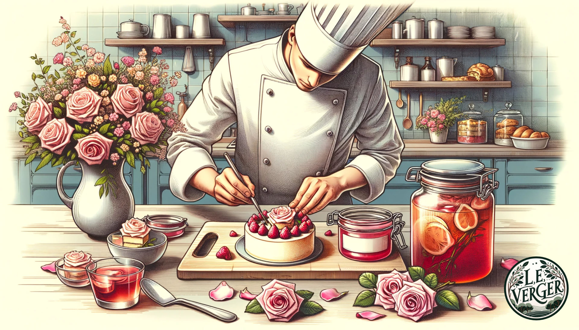 Illustration of a gourmet kitchen scene featuring culinary delights made from roses. A chef delicately decorates a rose-flavoured dessert, a jar of rose jam sits on the counter, and a pitcher of rose-infused drink is garnished with fresh rose petals. The ambiance is inviting and aromatic.