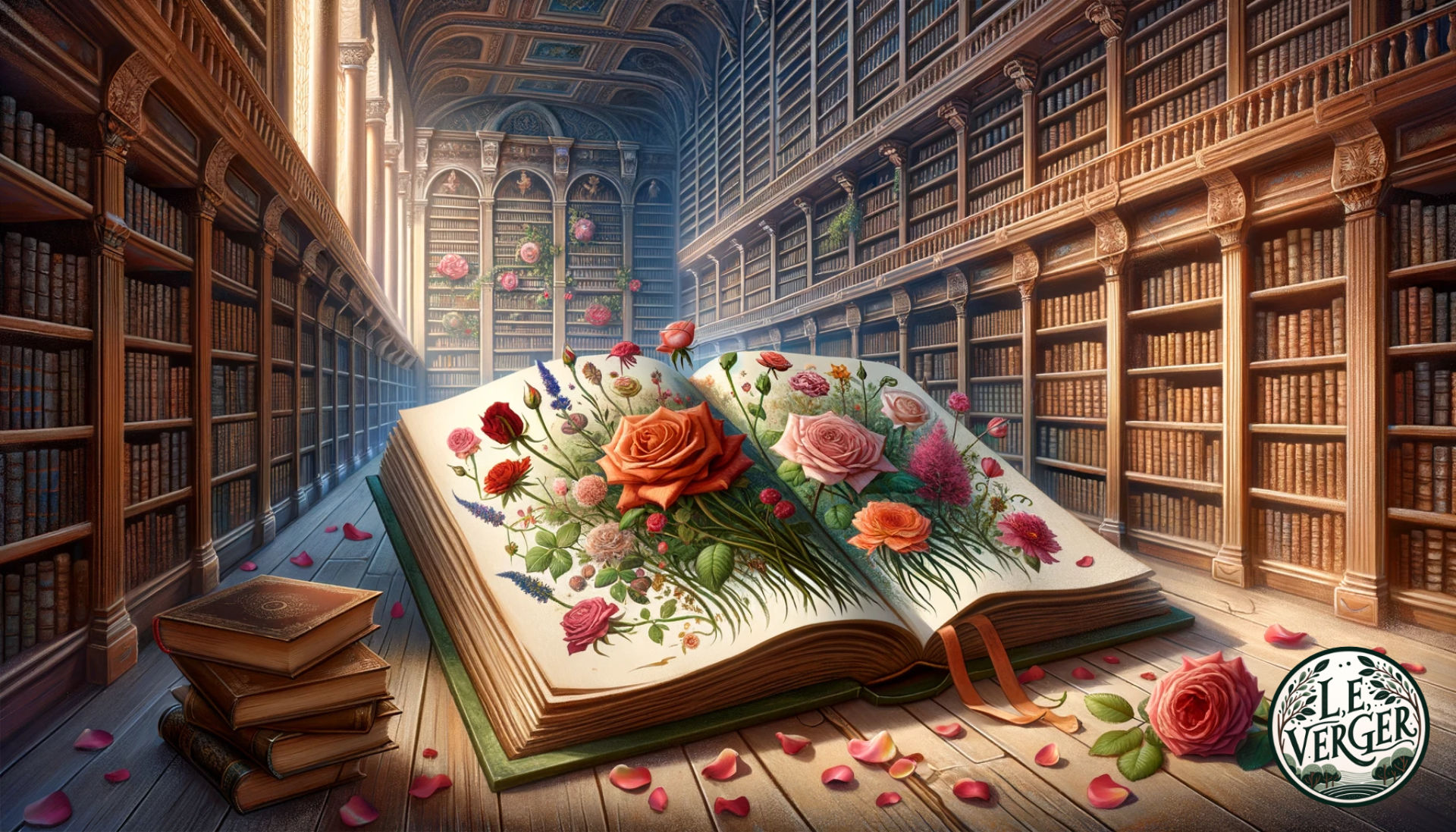 Illustration of an old library setting with towering bookshelves. A large, ancient book titled 'Rose Reverie' lies open, and from its pages, vibrant illustrations of different rose varieties emerge, creating a 3D experience. The environment is filled with the aroma of roses, and petals gently drift in the air.