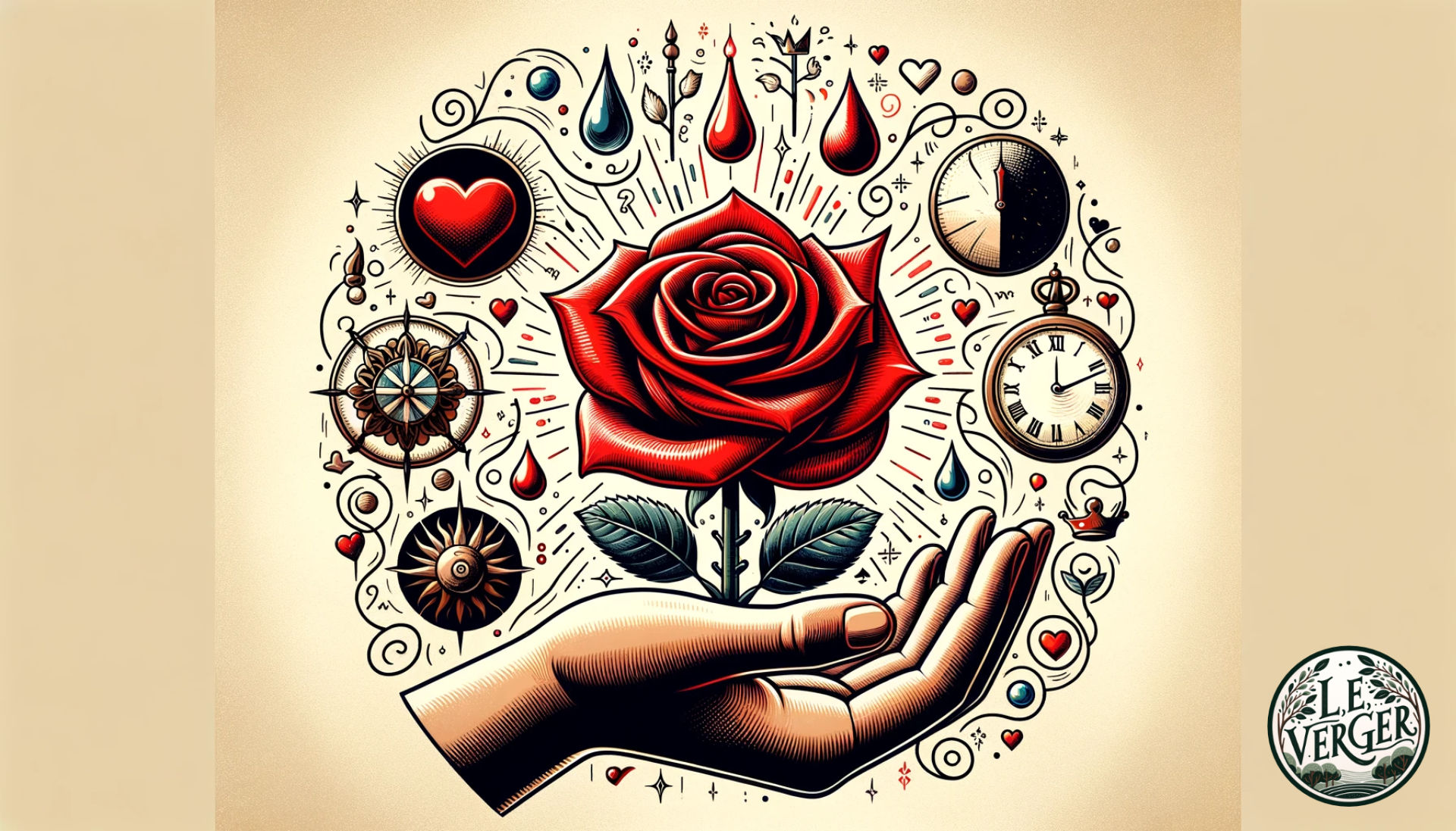 Illustration of a hand holding a radiant red rose, with symbols and icons swirling around it. An intertwined heart represents love, a droplet signifies sorrow, a clock for fleeting time, and a crown for royalty. Each symbol elucidates a different meaning associated with the rose.