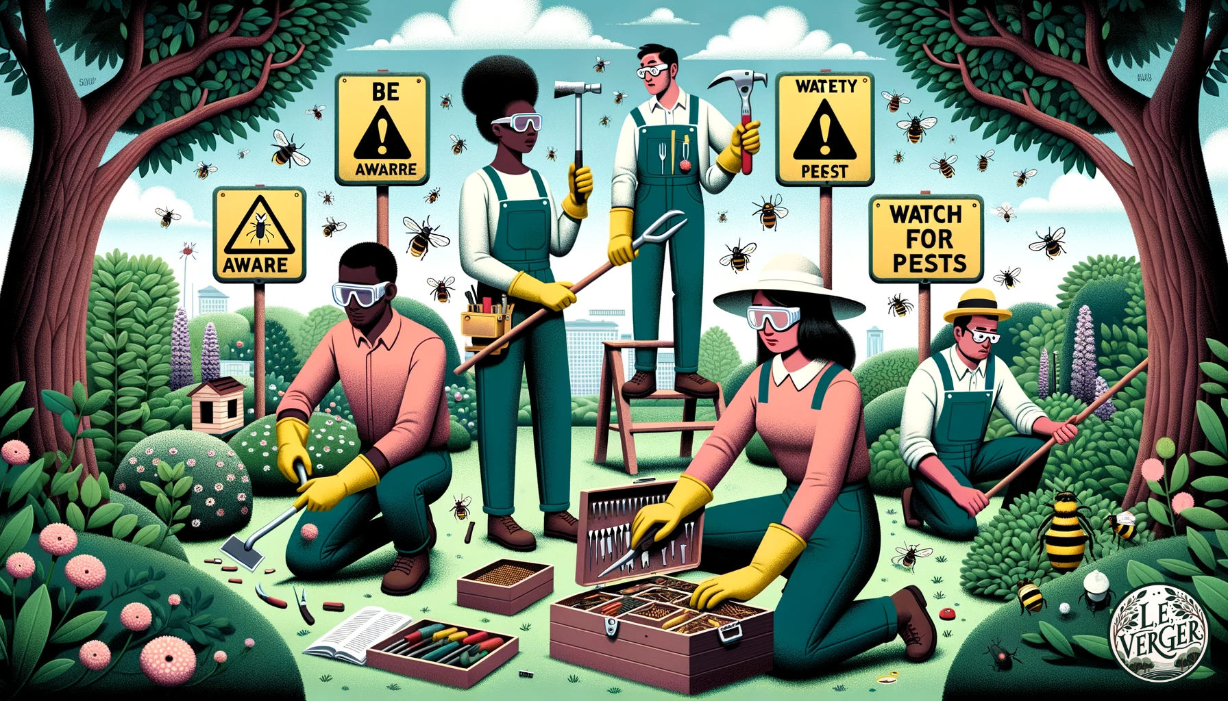 Illustration, wide aspect: A garden scene where a diverse group of gardeners are showcasing safety measures during pruning. On the left, a gardener of Hispanic descent is wearing protective gloves, safety goggles, and a hat. In the centre, a woman of African descent is choosing the proper tool from a toolbox, ensuring each tool's sharpness and integrity. On the right, a man of Asian descent is cautiously pruning near a beehive, indicating awareness of surroundings. Hovering above are signs saying 'Be Aware', 'Safety First', and 'Watch for Pests', with illustrations of insects.