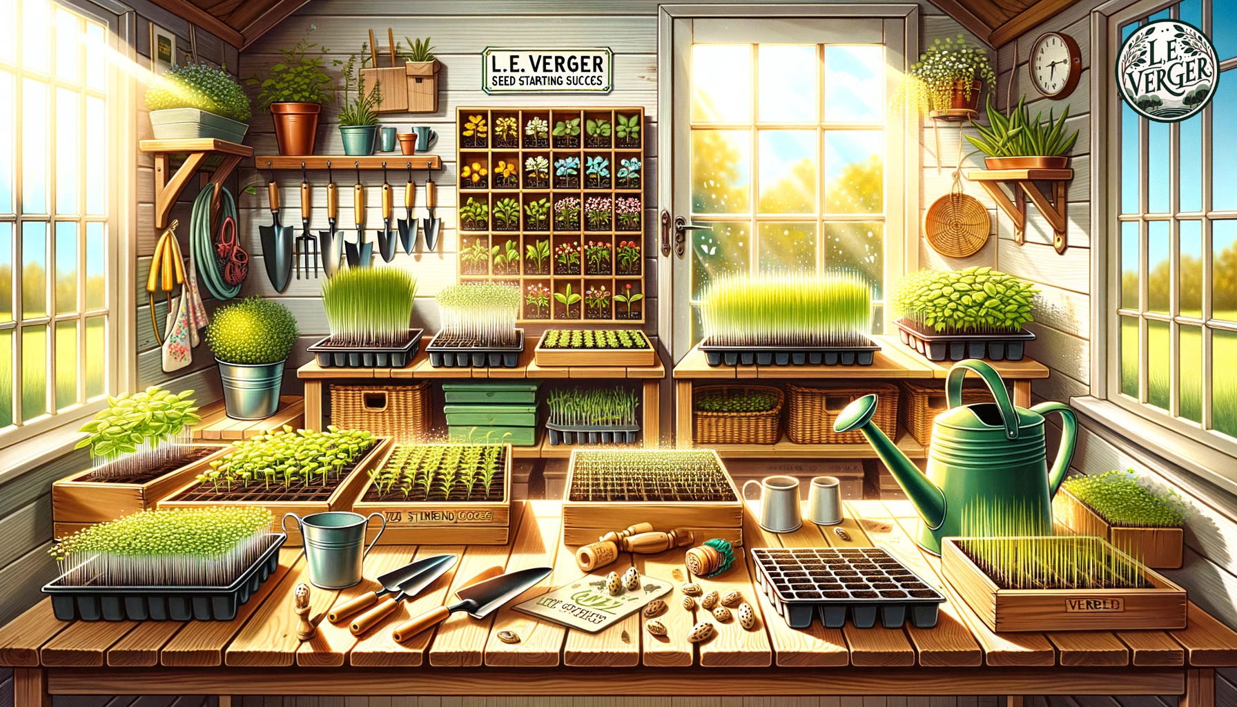 Wide illustration of a bright, sunny garden shed with an array of seedling trays on a wooden table. L.E. Verger's name is elegantly written in the top-left corner. Various plants, from tiny sprouts to more developed seedlings, grow within the trays. Gardening tools like a watering can, trowel, and gardening gloves are neatly placed nearby. A label reading 'Seed Starting Success' stands out prominently in the foreground.