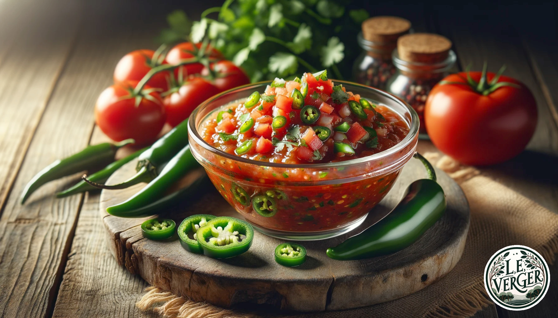 Photo of Serrano Salsa presented in a luxurious culinary style typical of British marketing. The salsa sits in a clear glass bowl, showcasing its vibrant red colour with flecks of green serranos and fresh cilantro. Chunks of tomatoes and diced onions are evident in the mix. The bowl is placed on a rustic wooden board, with fresh serrano peppers, tomatoes, and a bunch of cilantro laid out around it. The scene is lit with soft, ambient lighting, highlighting the freshness and texture of the salsa.