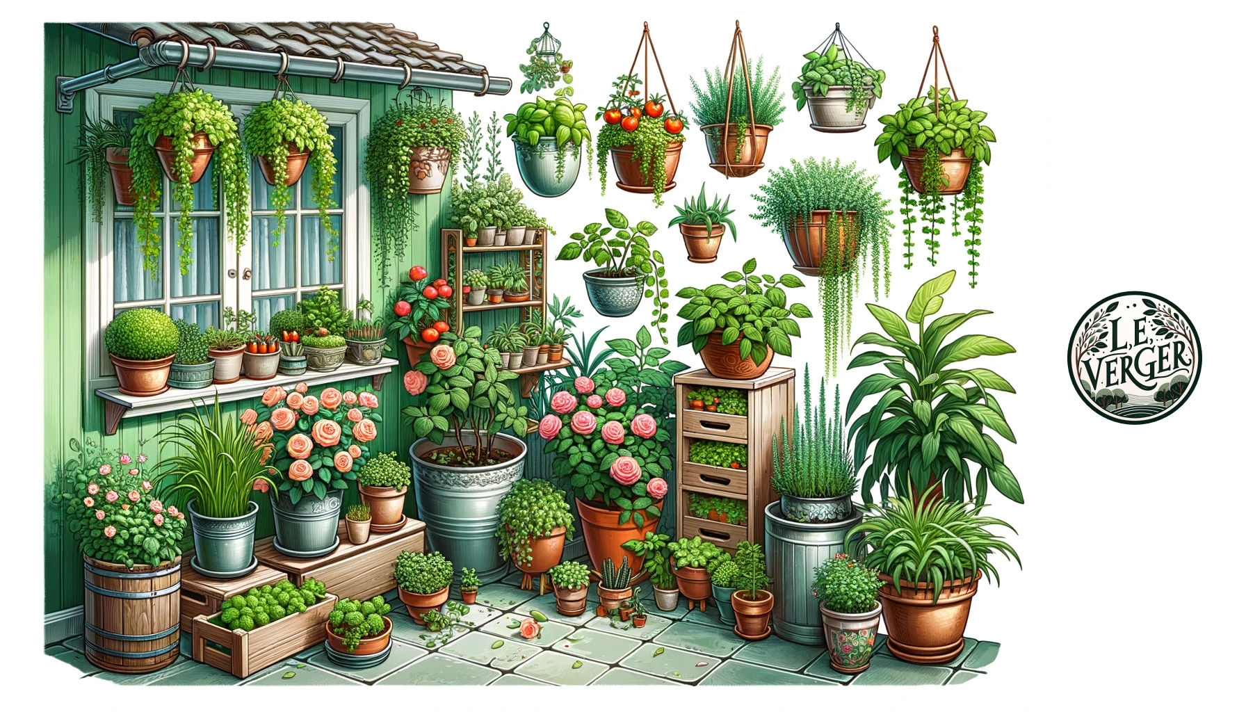 Illustration of a small patio transformed into a haven of greenery through container gardening. There are ceramic pots with roses, metallic containers with basil and mint, and wooden planters with tomatoes. A few hanging pots from the roof display trailing plants, adding layers to the green oasis. A windowsill in the background features smaller pots with succulents and cacti.