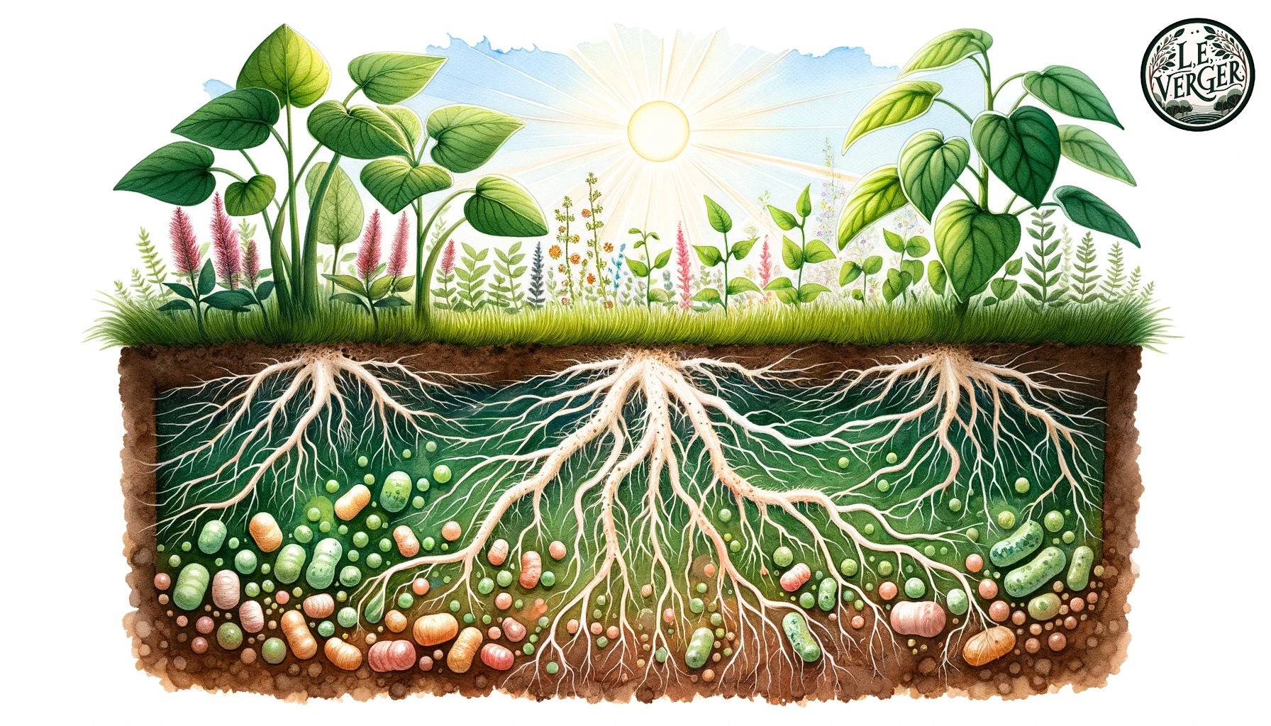 Watercolour Painting: A serene garden scene, with plants growing in abundance. Beneath the surface, there's a detailed depiction of the soil food web, with beneficial microorganisms interacting with roots and releasing nutrients. The sun shines above, symbolising the growth and vitality derived from healthy soil.