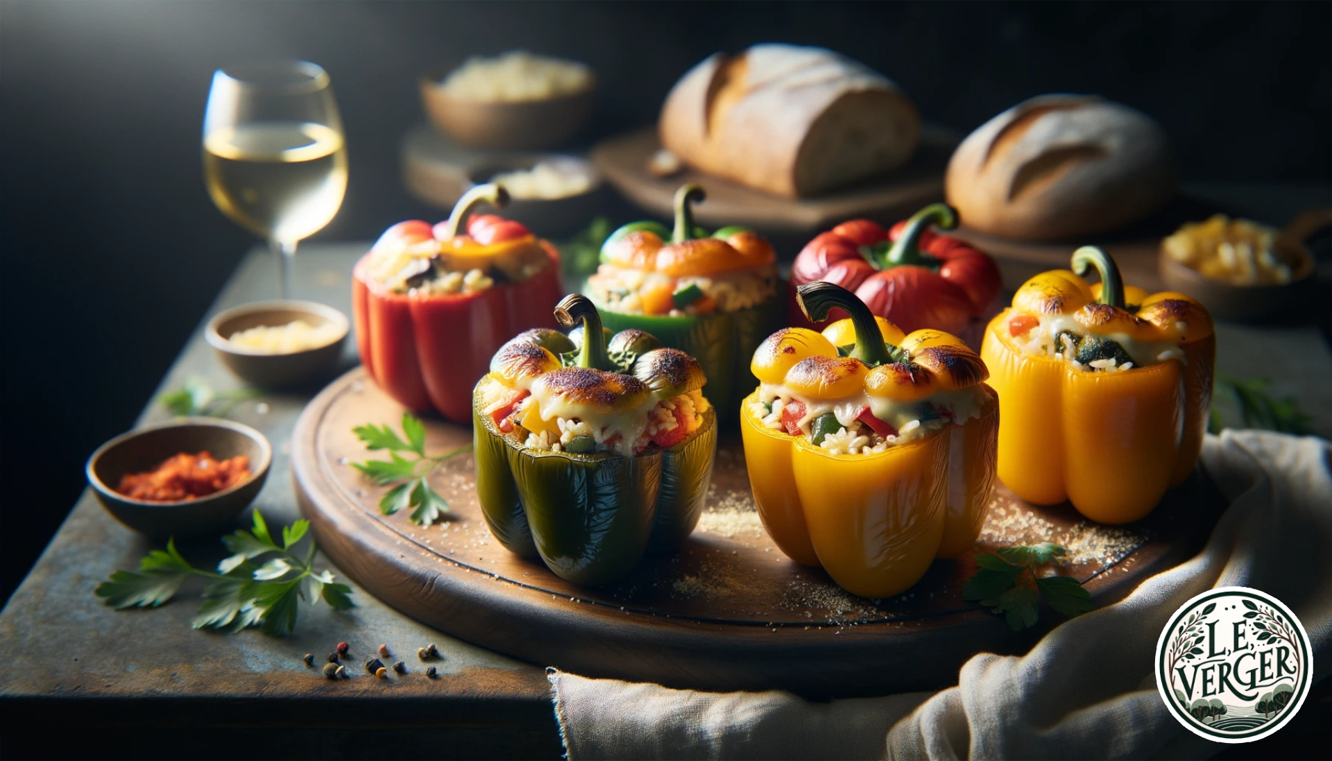 Photo showcasing an array of Stuffed Bell Peppers on an elegant wooden board, evoking the style of high-end British culinary marketing. The peppers, in various colours, are cut open slightly at the top, revealing the sumptuous filling of rice, vegetables, and cheese. The cheese has a golden-brown top, hinting at a brief bake. Soft ambient light casts gentle shadows, accentuating the textures. In the background, there's a glass of white wine and a rustic loaf of bread, completing the luxurious dining experience.