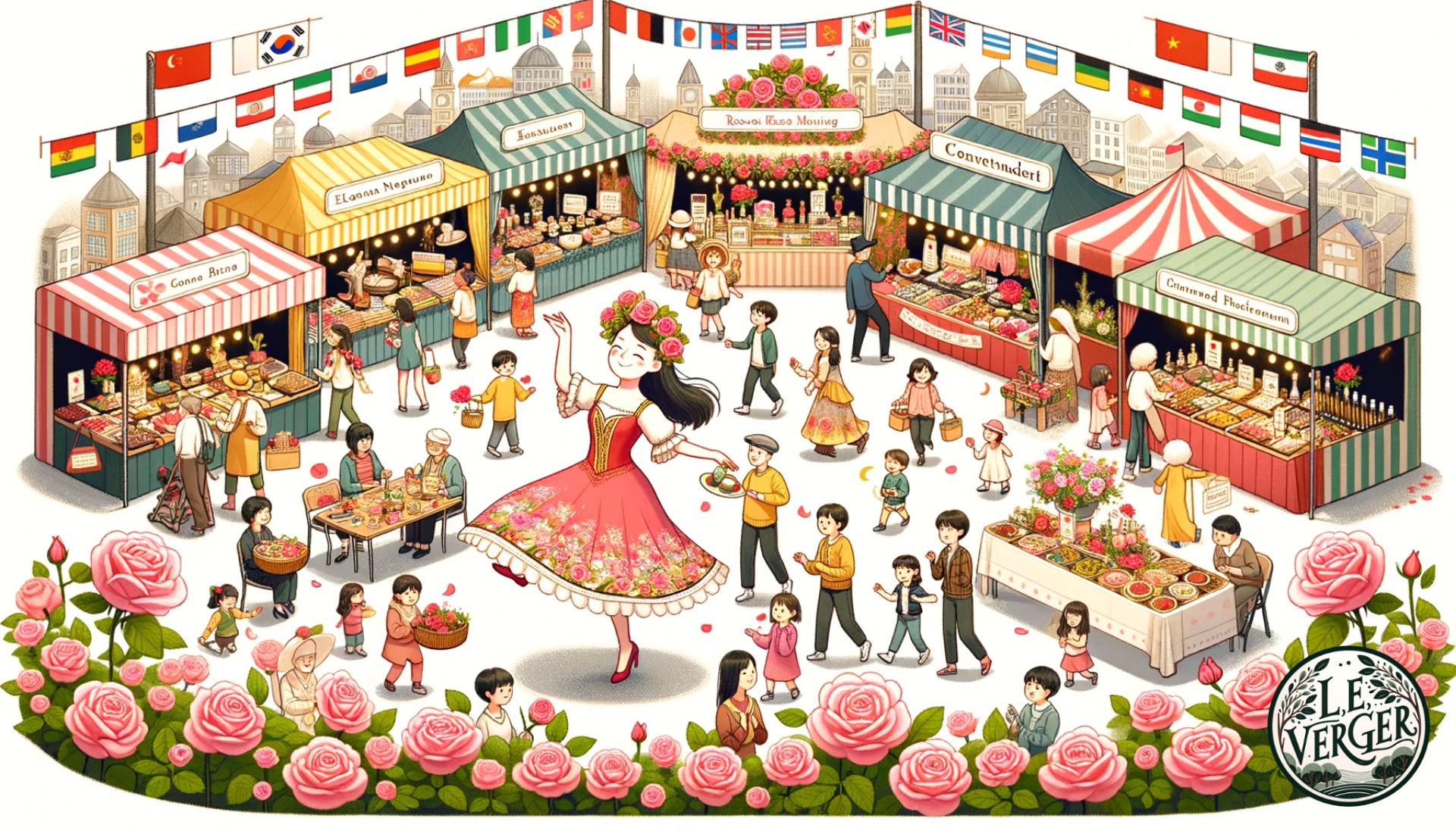 Illustration of a bustling global festival dedicated to roses. Stalls from different countries showcase their unique rose products and traditions. There's a dance performance with dancers wearing rose-themed costumes, children participating in rose crafting, and visitors enjoying rose-flavoured delicacies.