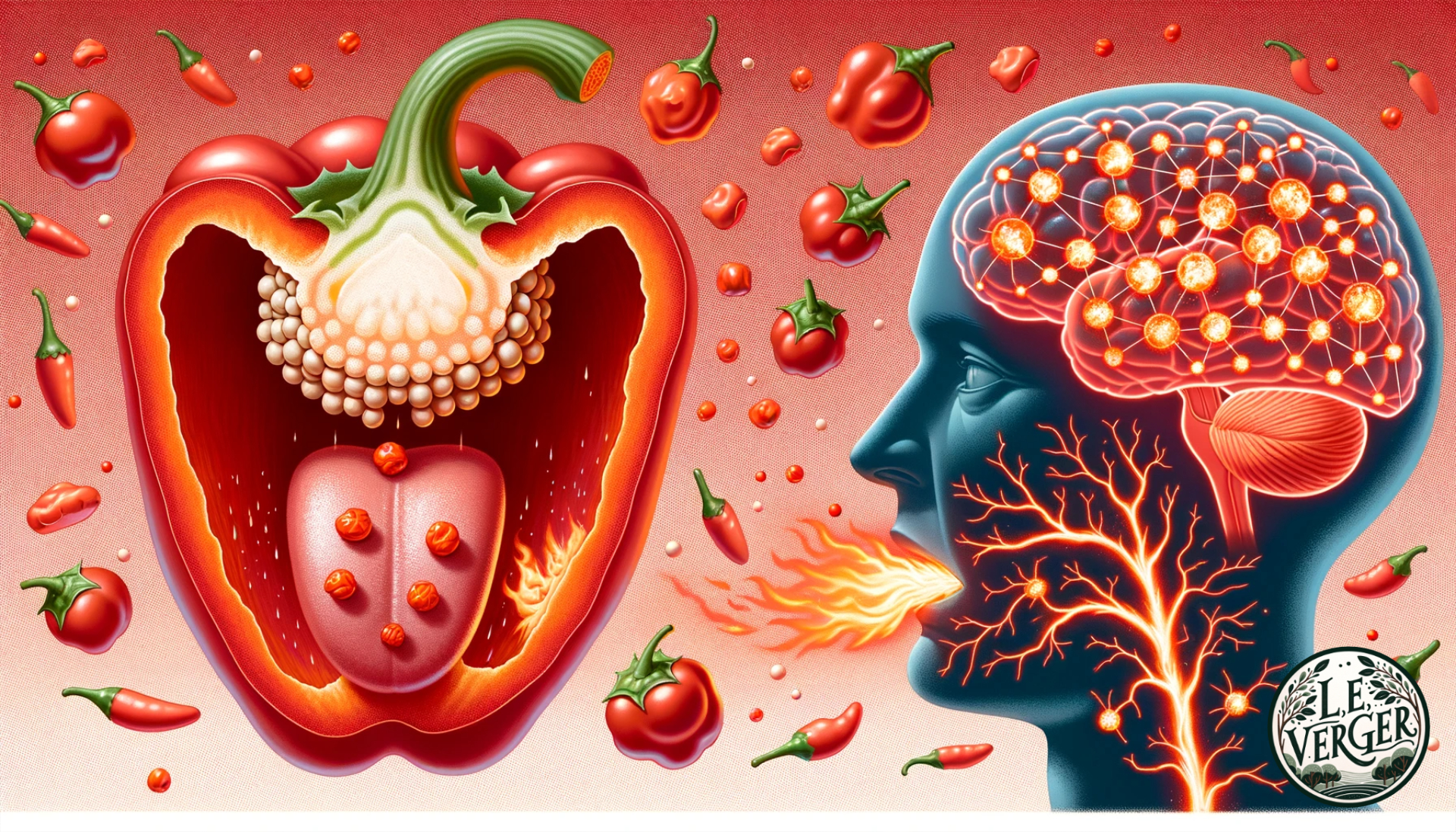 Wide illustration showing a close-up of a pepper's inner section, with capsaicin molecules floating around. There are taste buds on a tongue nearby, and the capsaicin molecules are interacting with them, creating small fiery animations. Above, a brain receives these signals, visualised by fiery synapses and neural connections, representing the sensation of heat.