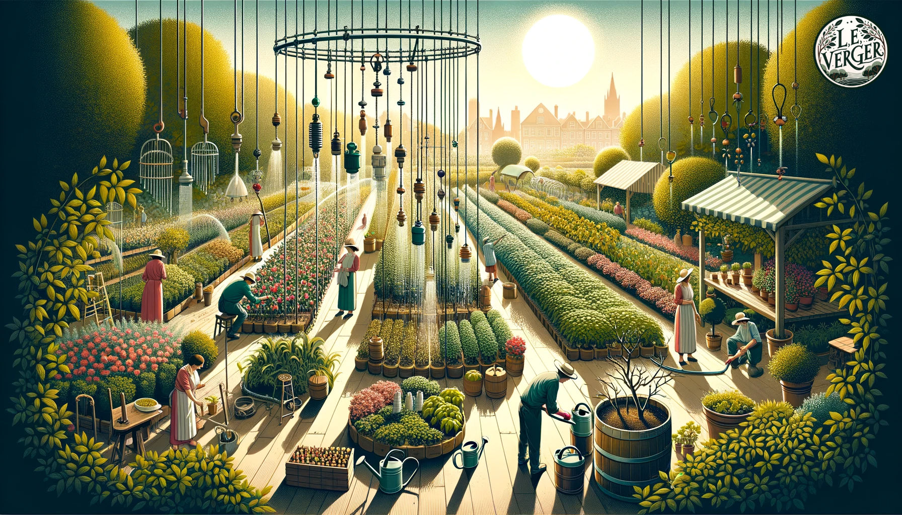 Illustration, wide aspect: A panoramic garden view at midday. The sun casts a warm glow over the plants. Key elements like a drip system, a rain chain leading to a barrel, and a watering can are evident. Diverse gardeners are scattered throughout the scene, each focused on different tasks, from pruning to watering.