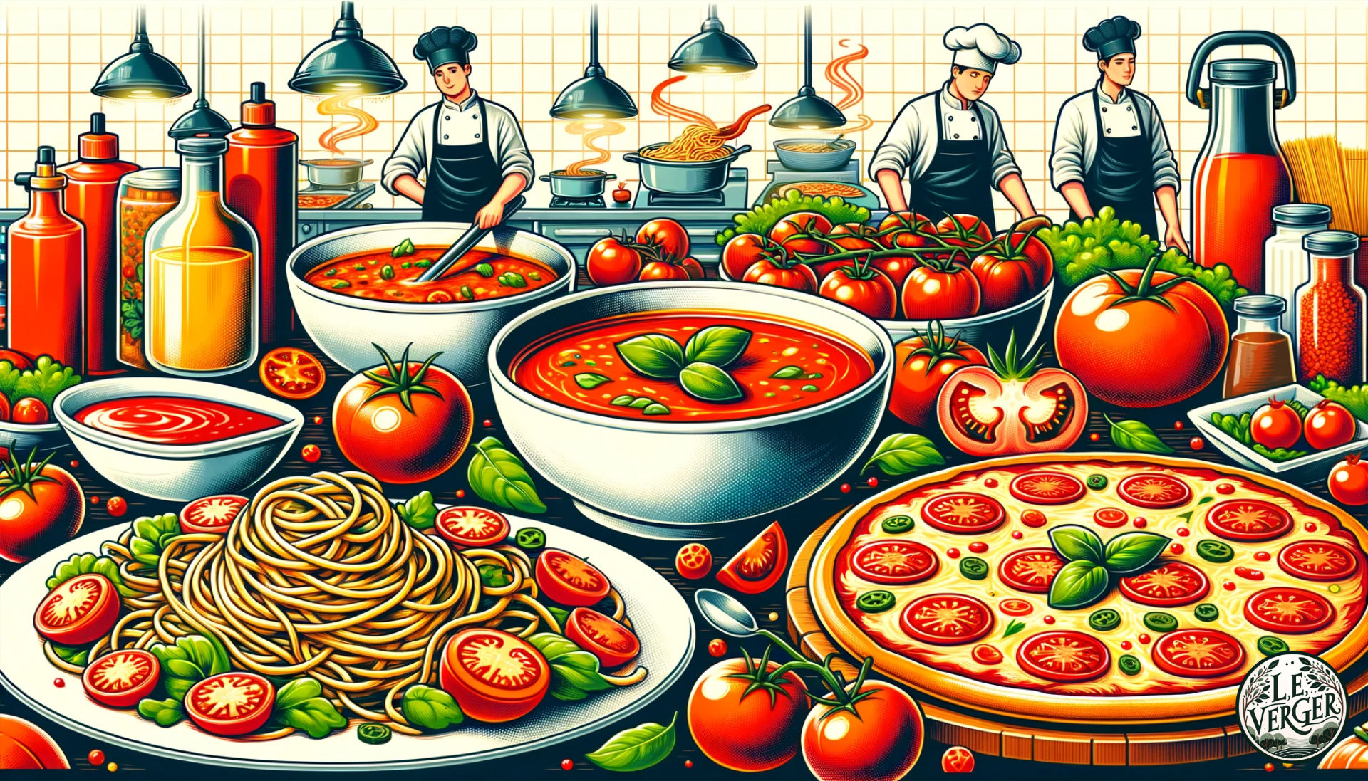Illustration of a vibrant kitchen scene showcasing various tomato-based dishes. There's a bowl of tomato soup, a plate of spaghetti with tomato sauce, a fresh tomato salad, and a pizza with tomato slices and sauce. Chefs are in the background preparing dishes.