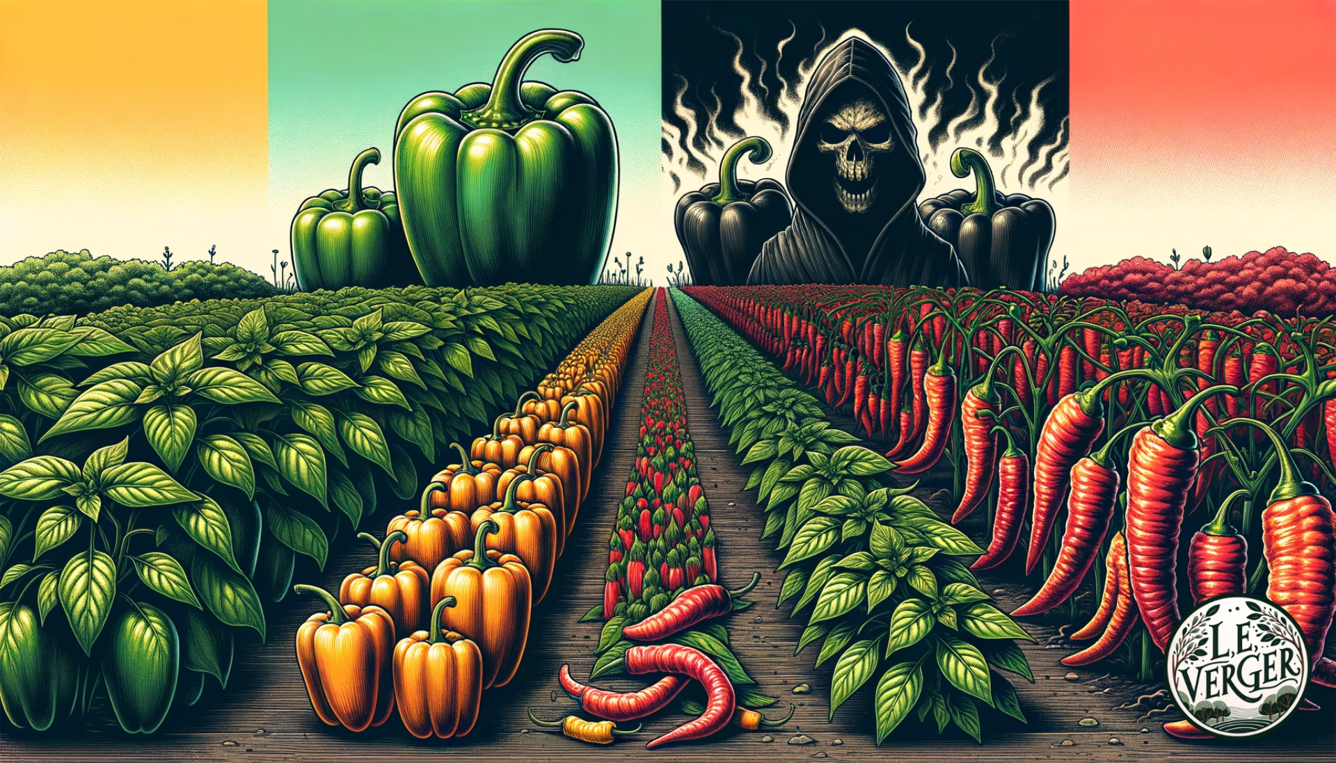 Wide illustration of a garden scene divided into sections, each showcasing a different type of pepper. The far left features bell peppers in green and red shades, standing tall and robust. Moving towards the right, there are smaller peppers in yellow and orange shades. The far right end showcases the Carolina Reaper with a dark, ominous aura and a hint of smoke rising, symbolising its extreme heat.