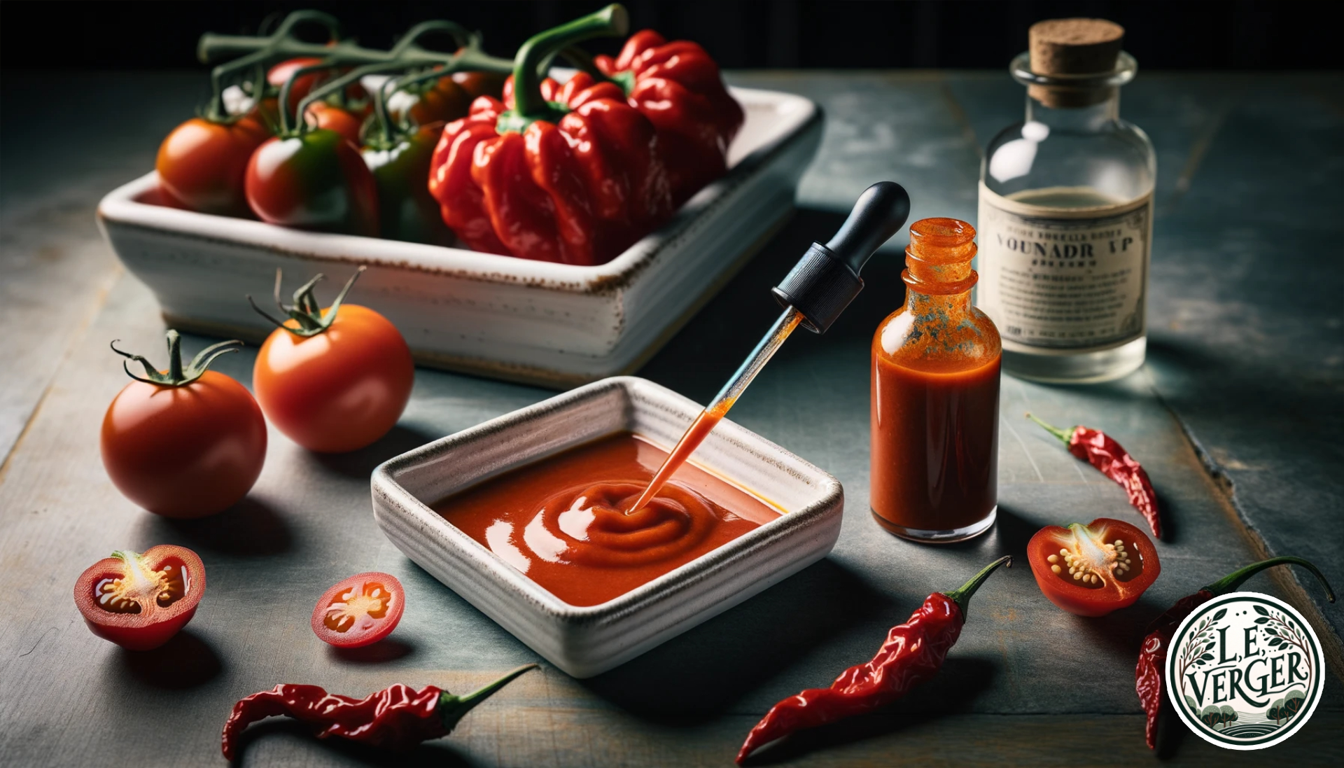 Photo showcasing Ultra-Hot Sauce in a high-end British culinary setting. A ceramic white dish holds a small quantity of the sauce, emphasising its fiery red colour. Next to the dish is a pipette, filled with the sauce, hinting at its potency and the caution needed in its use. Carolina Reaper peppers, recognised as the world's hottest, are placed strategically around, with slices of fresh tomatoes. A vintage vinegar bottle sits subtly in the background, all under the glow of ambient light.