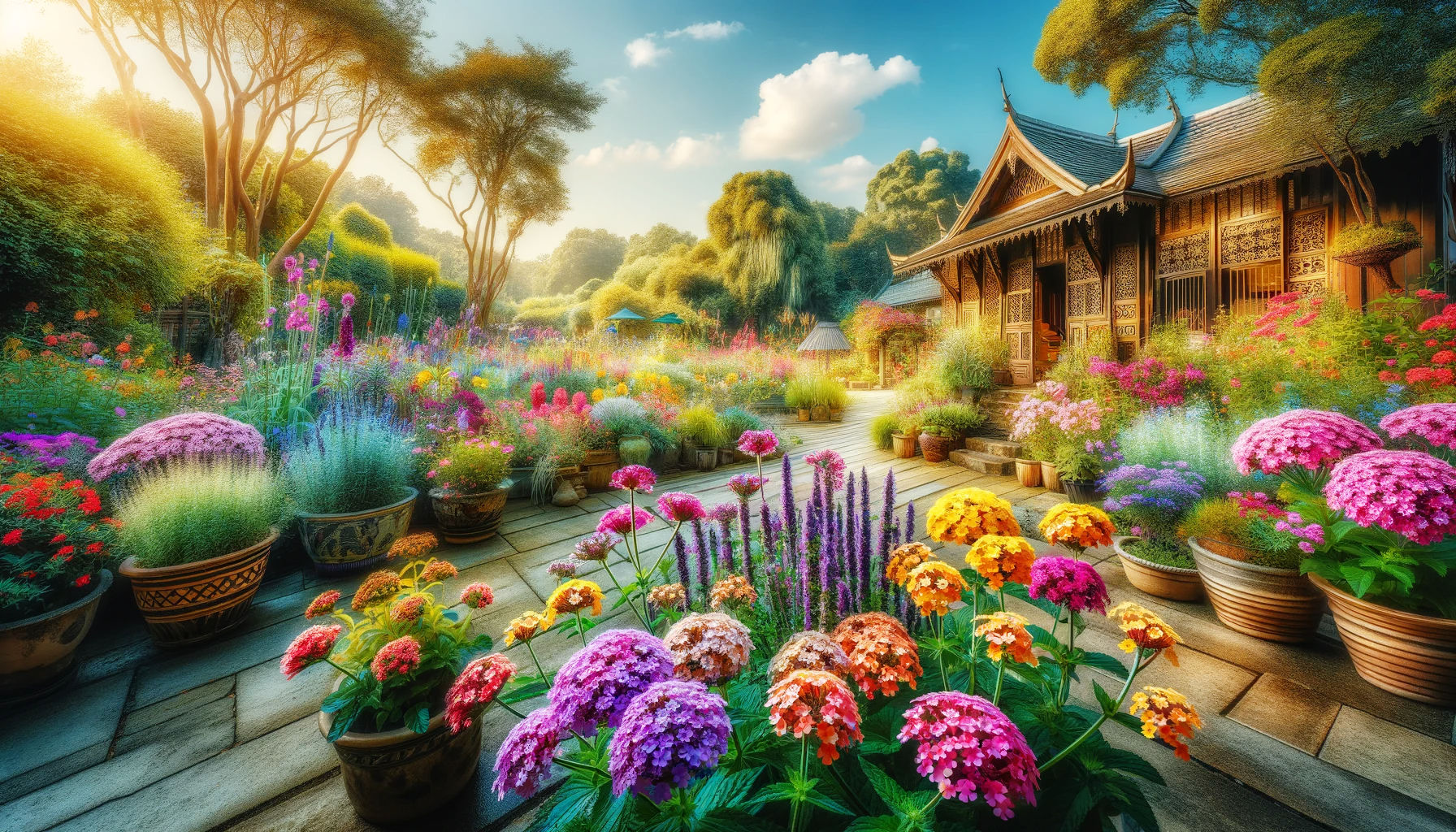 Here's an image that captures the vibrant and colorful essence of Verbena in a traditional garden setting. This scene reflects the global journey of Verbena, with its rich blooms and inviting garden atmosphere. The focus on Verbena plants amidst a variety of flowers and greenery under a clear blue sky visually conveys its historical significance and widespread appeal.