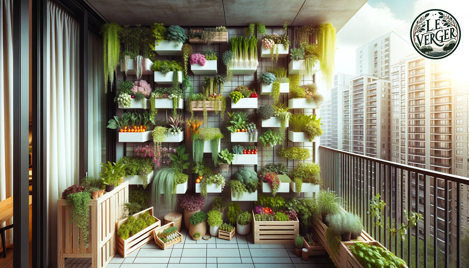 Photo: A modern urban balcony filled with a variety of plants growing vertically on wall-mounted planters and trellises. Among the foliage, there are flowers, herbs, and even some vegetables.