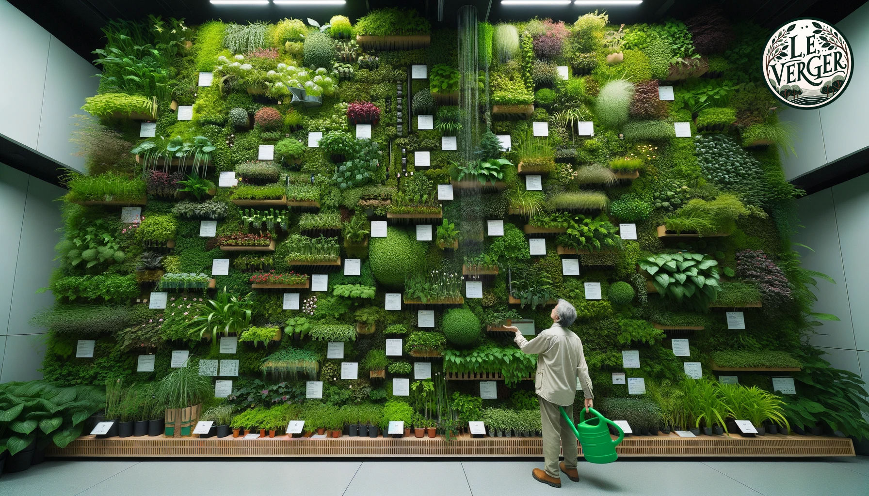 Photo: An indoor setting with a green wall packed with a diverse range of plants. A gardener, with a watering can in hand, admires the vertical garden. Small labels identify various plant species and offer care tips.